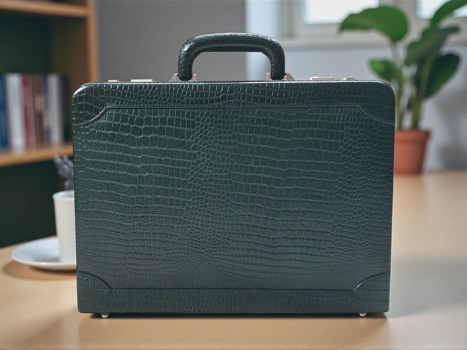 Croco Green Leather Briefcase for Men, 14″ Laptop Attache, Document Organizer