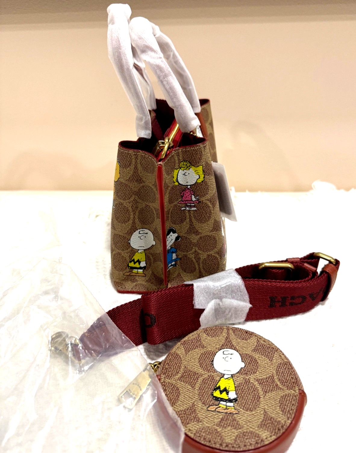 NEW COACH X PEANUTS CBF74 Willow Tote 18, Signature Canvas Removable Pouch