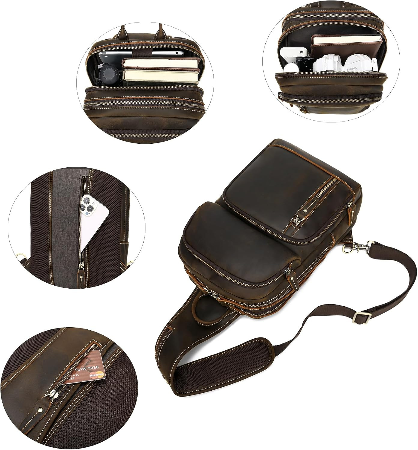 Full Grain Leather Sling Bag for Men, Crossbody Bag Fits 12.9″ Ipad Crossbody Ch