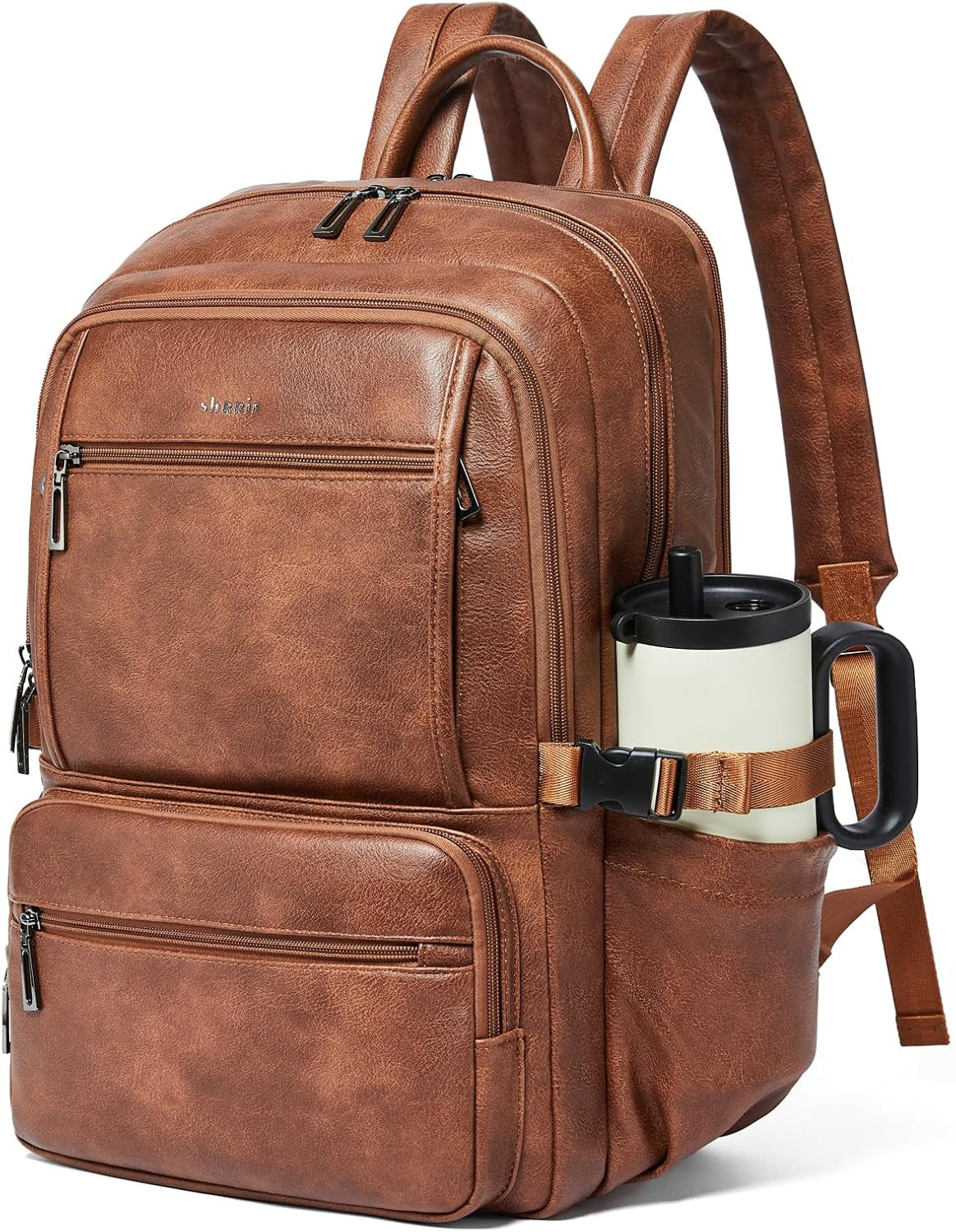 17″ Vegan Leather Laptop Backpack with Tumbler Holders for Work & Travel