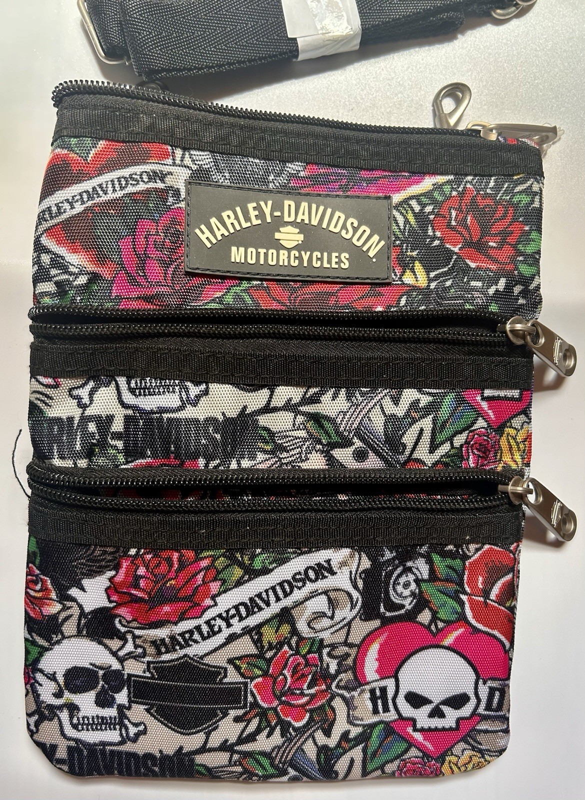 New Harley-Davidson Tattoo Skull Crossbody Sling Bag Zip Adjustable Strap Small