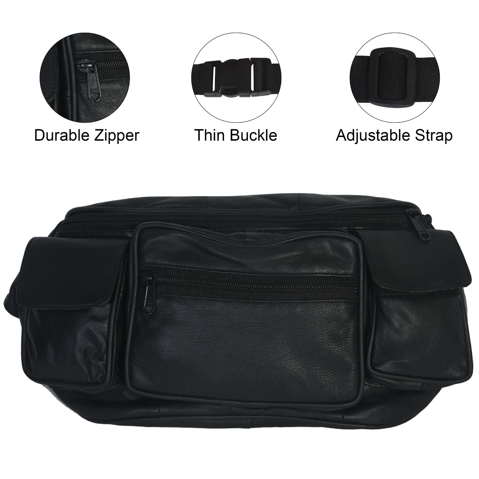 Large Black Solid Leather Waist Fanny Pack Belt Bag Travel Hip Purse Mens Women