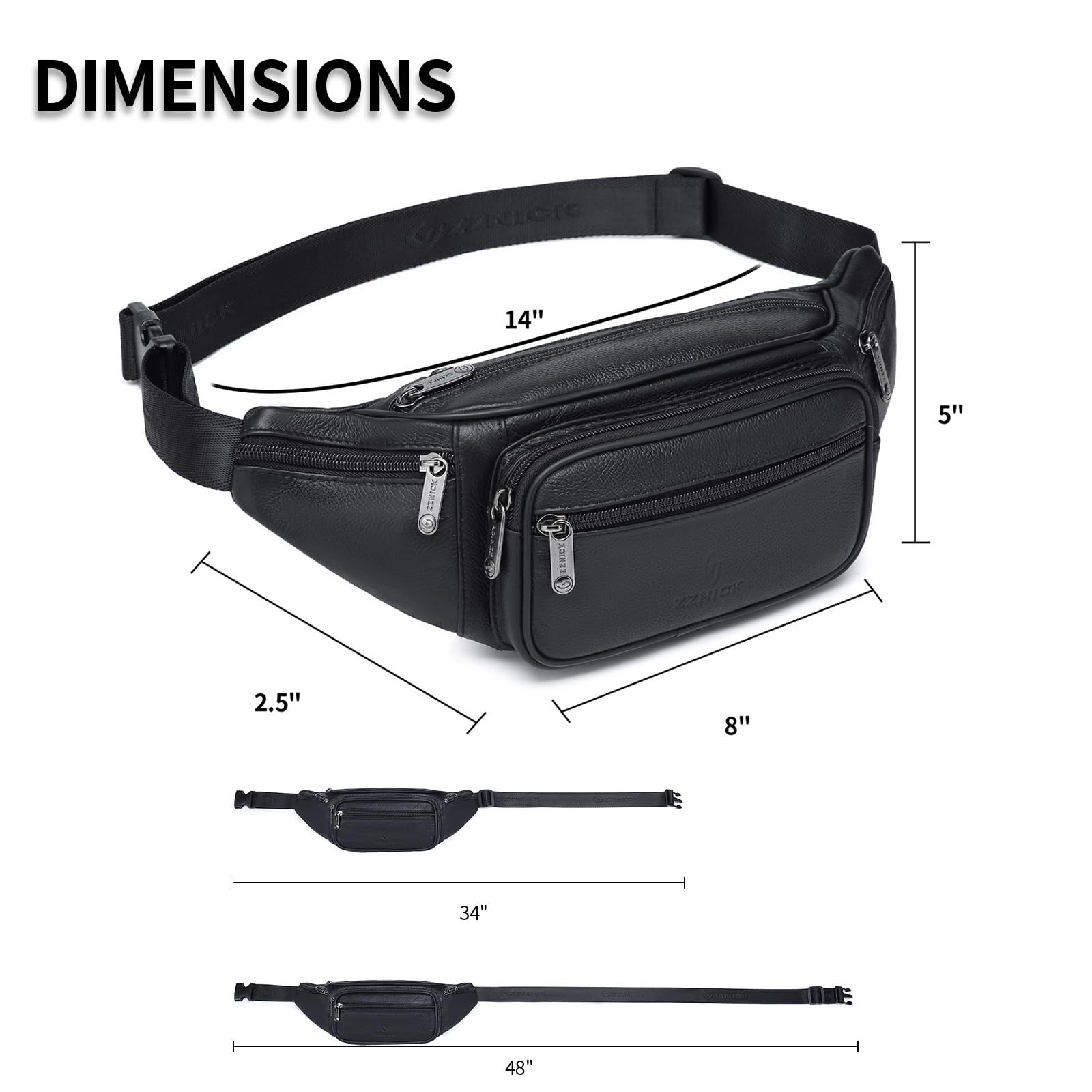 ZZNICK Genuine Leather Fanny Pack/Waist 14 x 2.5 x 5 inches, Black-861 Medium