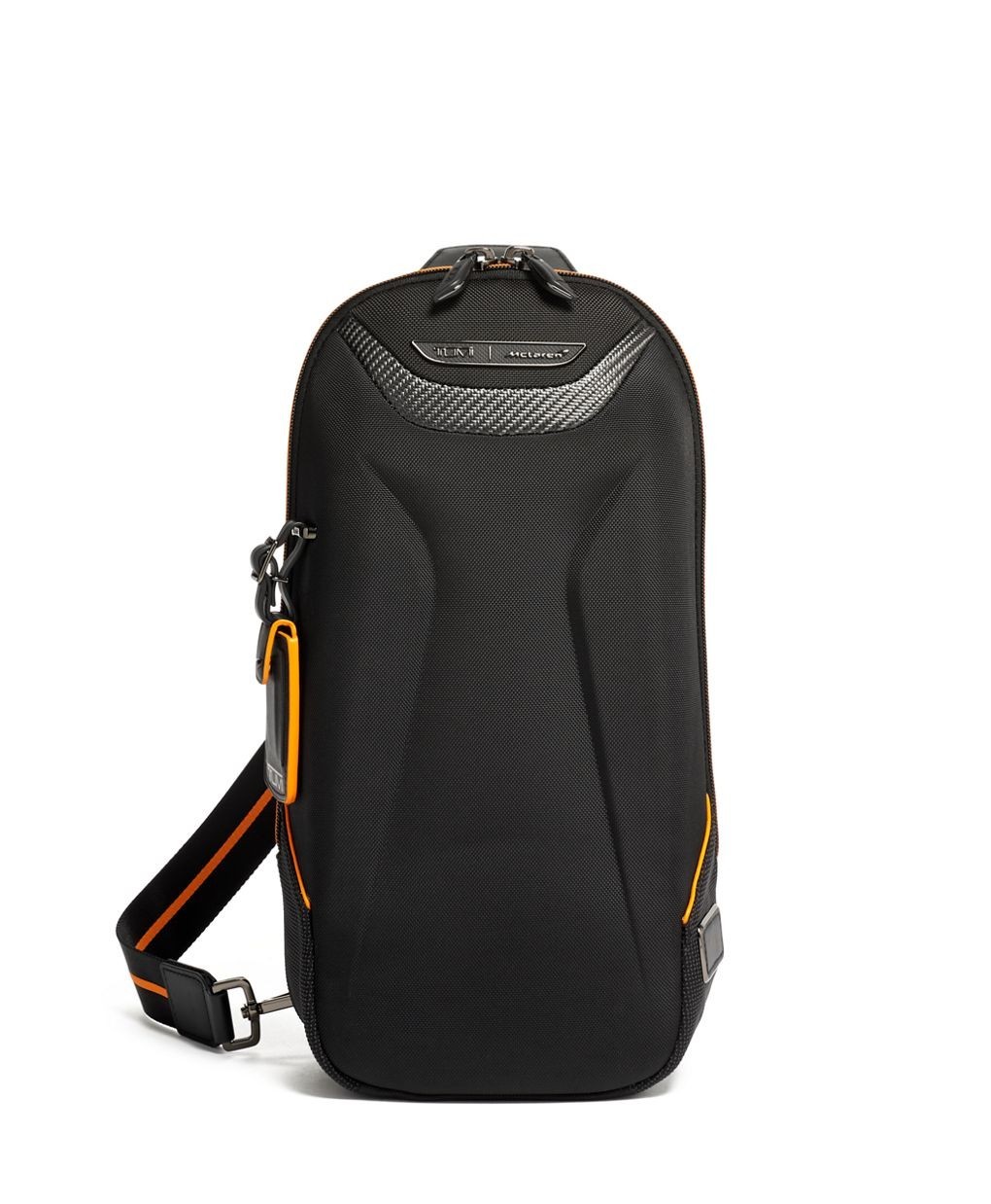 TUMI/McLaren Touque 14″ Sling Crossbody Backpack-Black& Papaya Orange, $650. NWT