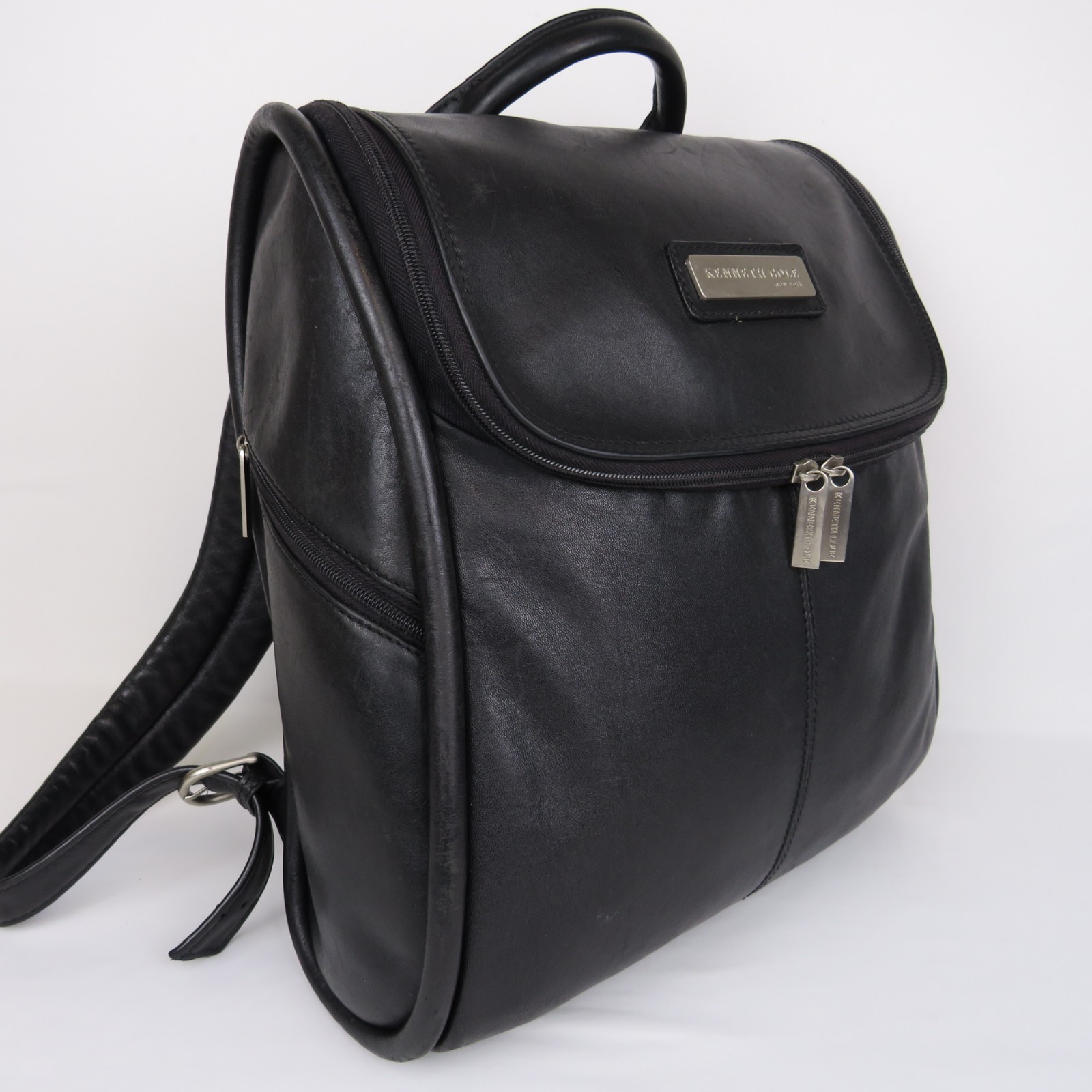 Kenneth Cole Black Leather Backpack Zipper Flap Padded Adjustable Straps Roomy