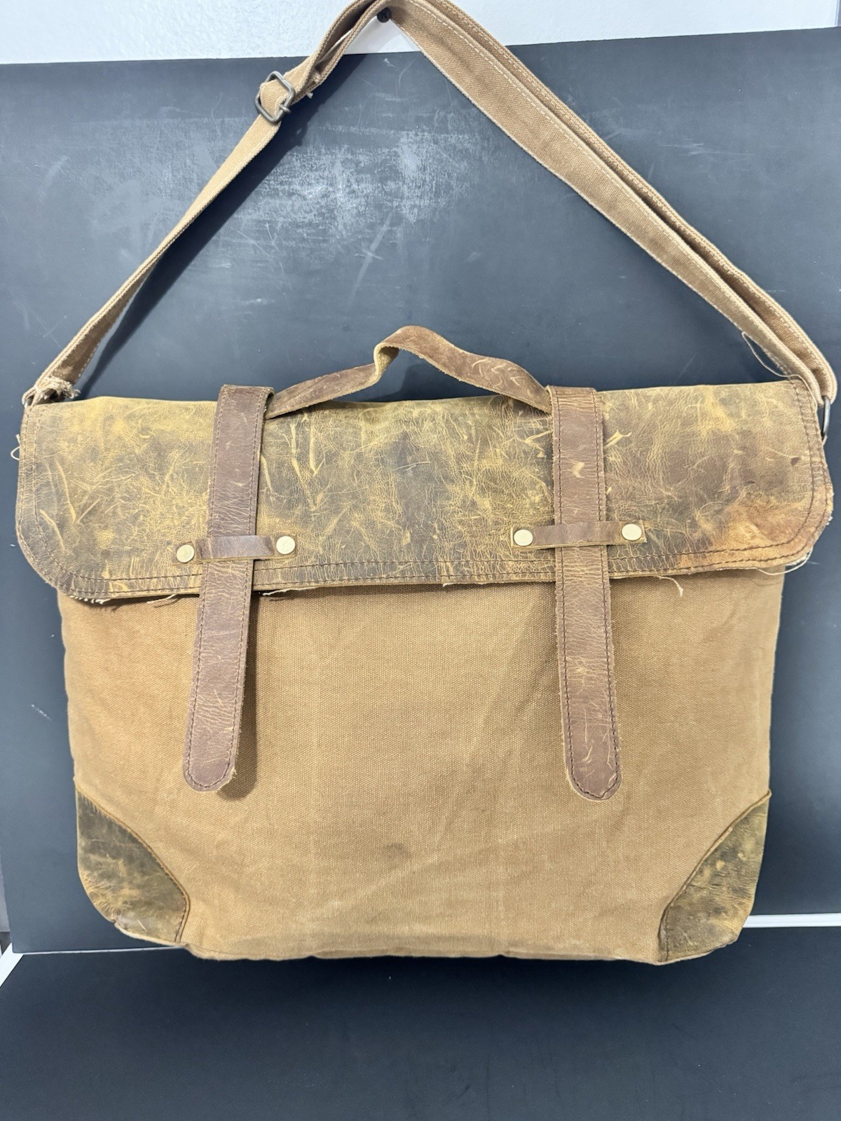 Sugarboo & Co Brown Leather & Canvas Messenger or Laptop Bag w/ Adj Strap, Lined