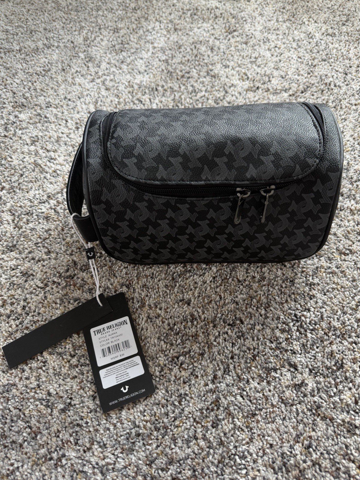 True Religion Aukka Black Houndstooth Toiletry Dopp Kit Bag W/ 2 Travel Bottles