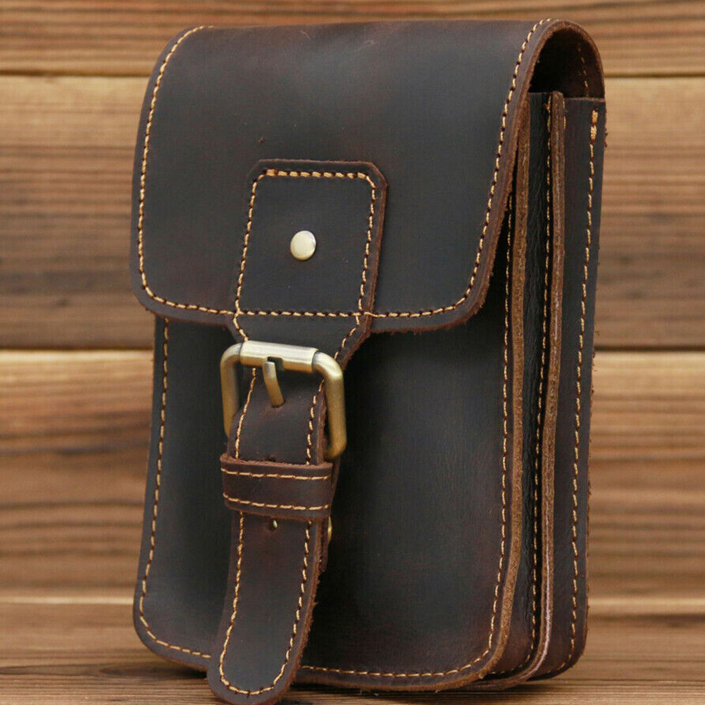 Men Crazy Horse Leather Small Waist Bag Pouch Hook Fanny Waist Belt Pack`