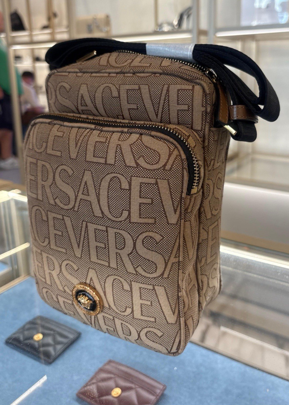 Versace Crossbody Canvas Fabric Allover Beige/brown $1200 Retail Authentic
