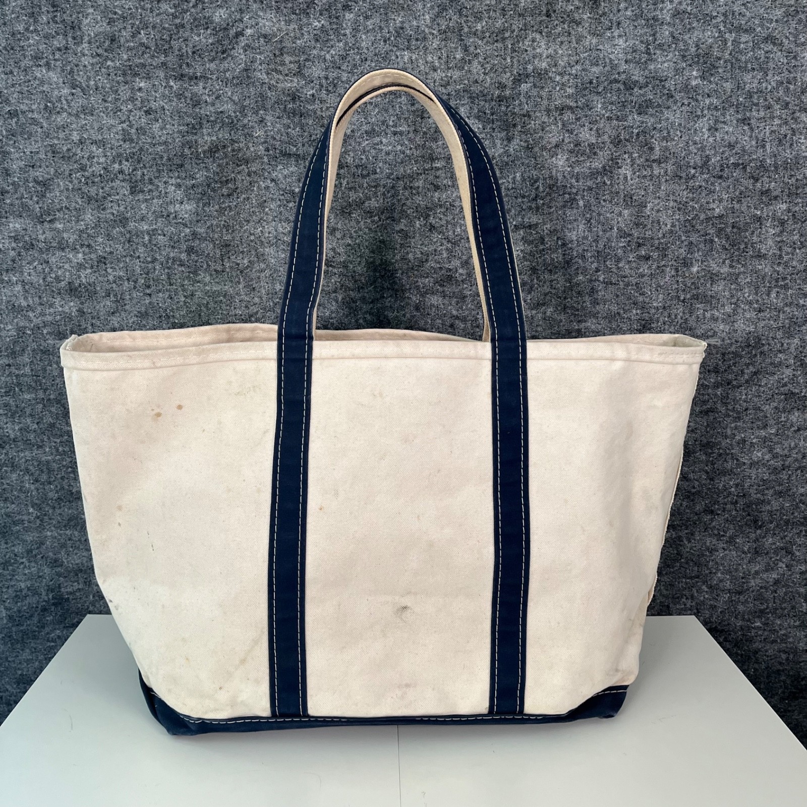 Vintage Boat & Tote Bag LL Bean USA Utility White Navy Outdoors Canvas Beach 80s