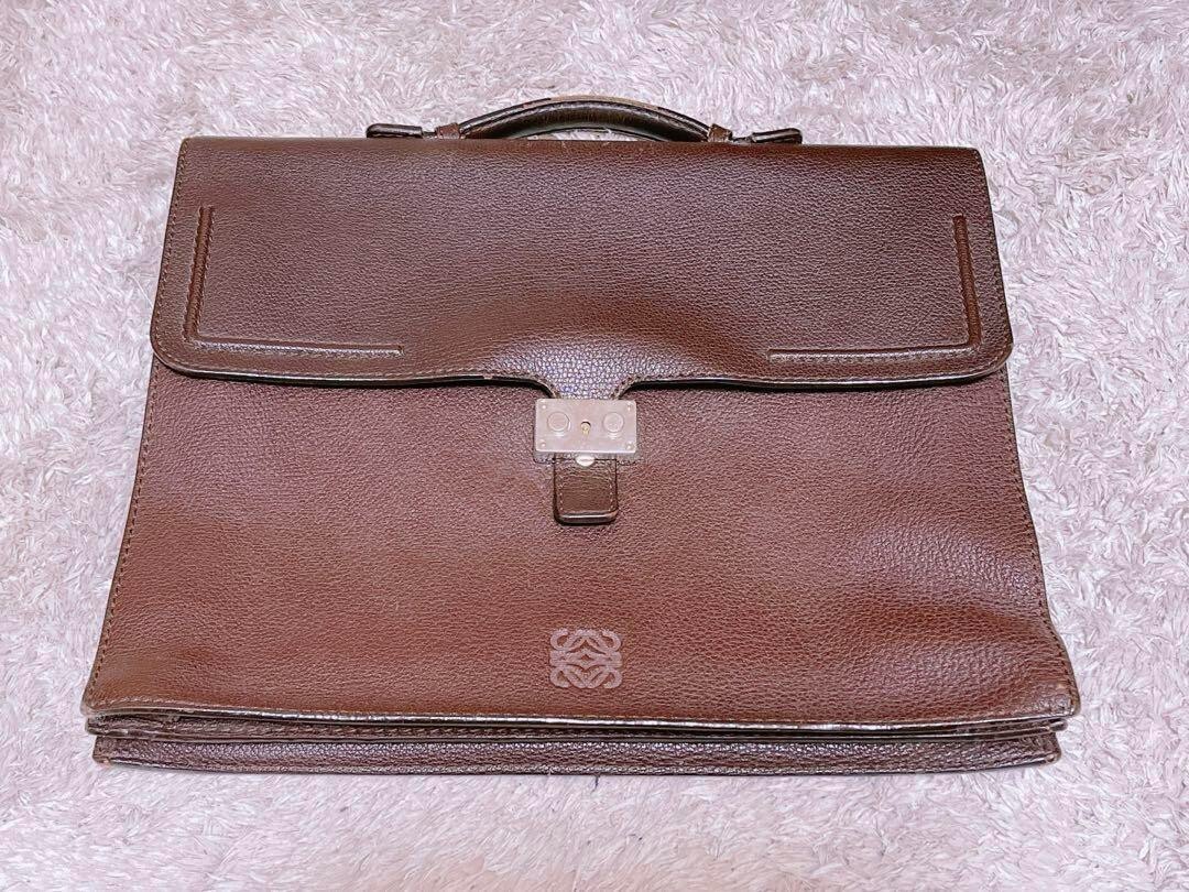 LOEWE Hand Business Bag Brown Gold Leather Anagram Logo Vintage Used from Japan