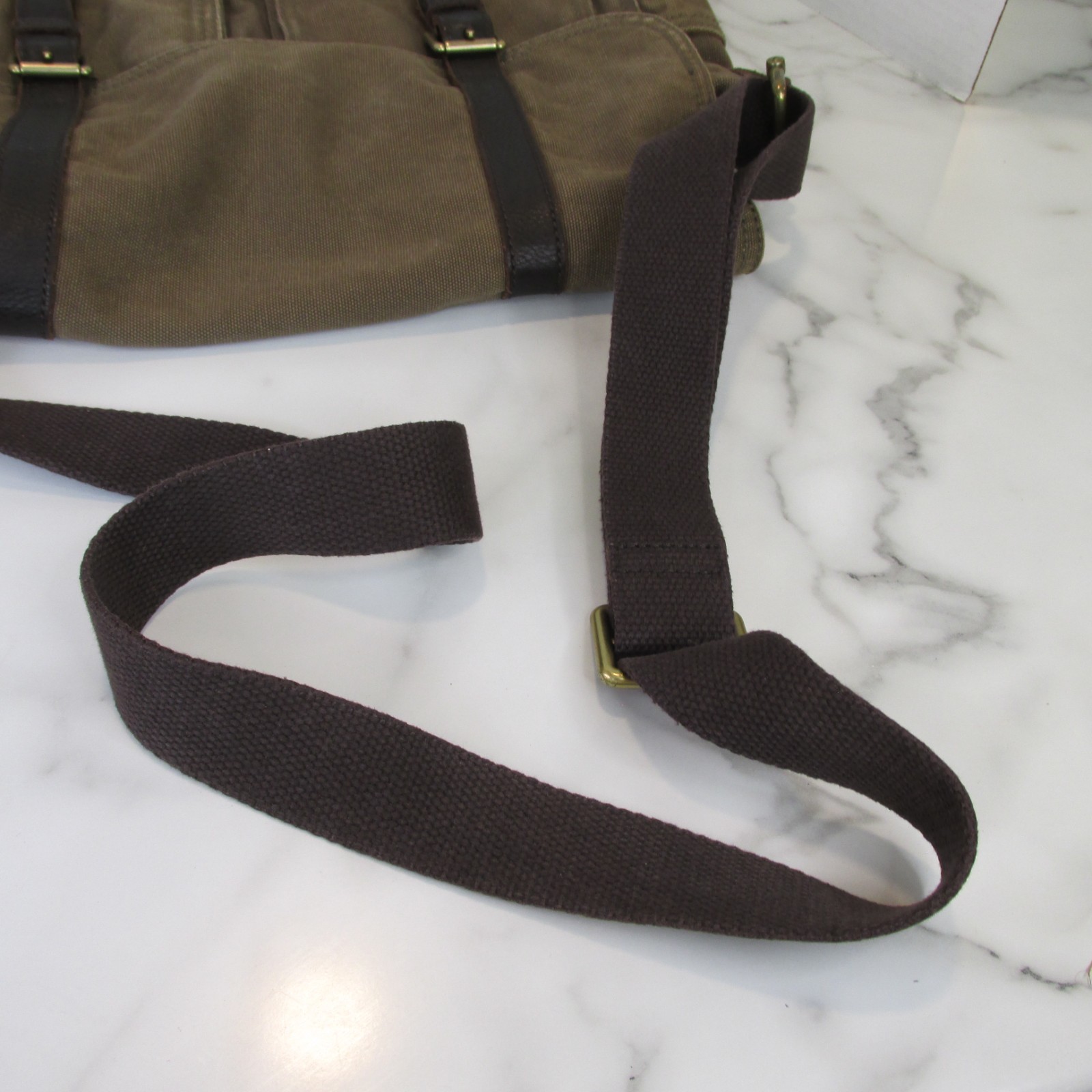 Fossil Estate Messenger Bag Olive Green Canvas Brown Leather Trim Crossbody