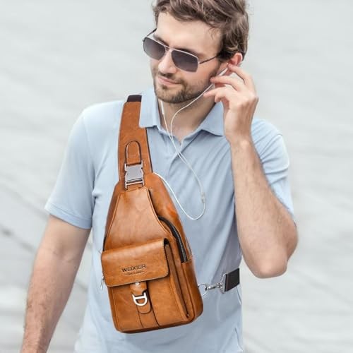 PU Leather Sling Bag for Men – Waterproof, Lightweight, Crossbody A-light Brown