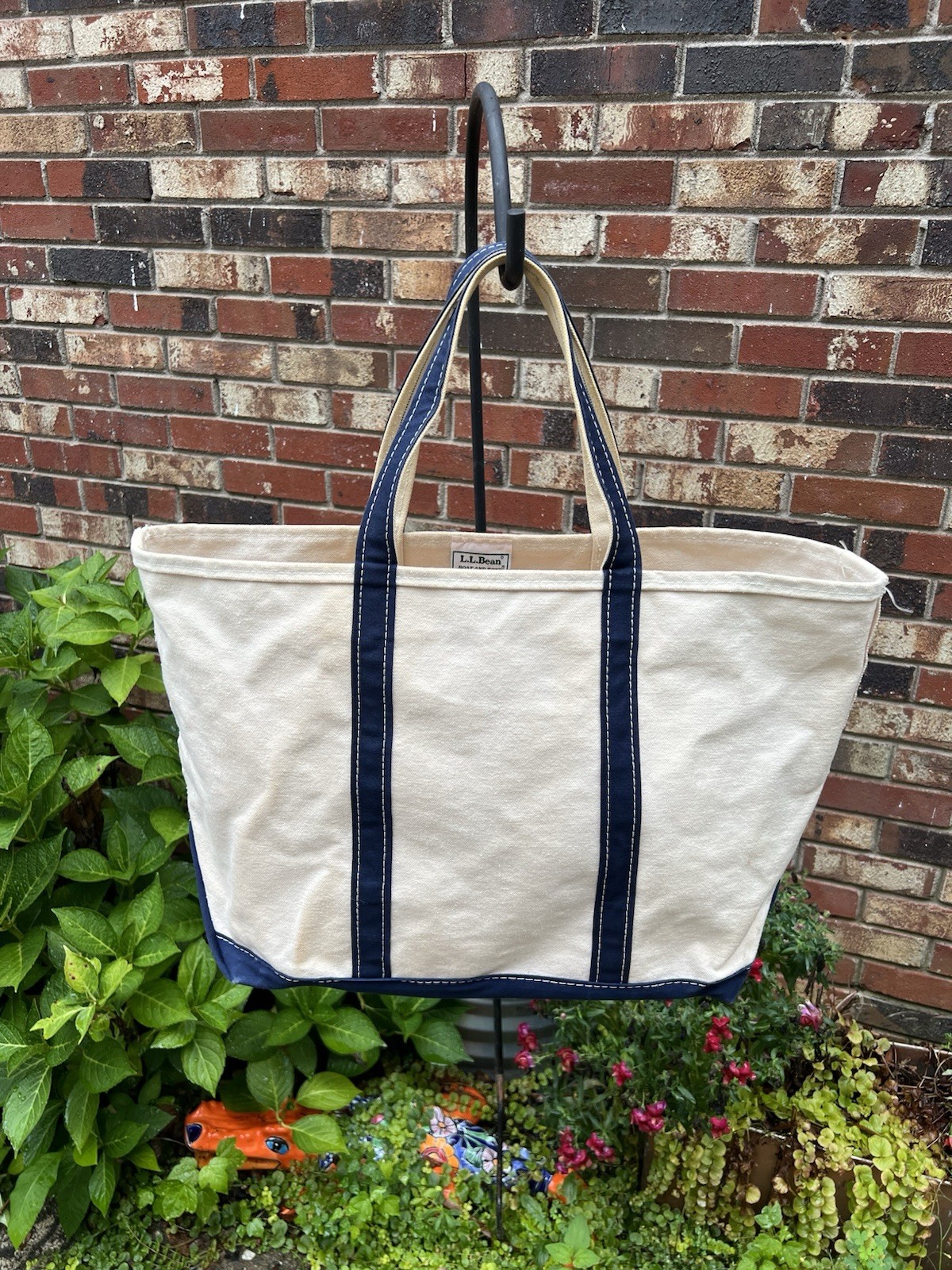 Vintage LL Bean Boat & Tote Canvas Bag Ivory Navy Trim XL X-Large
