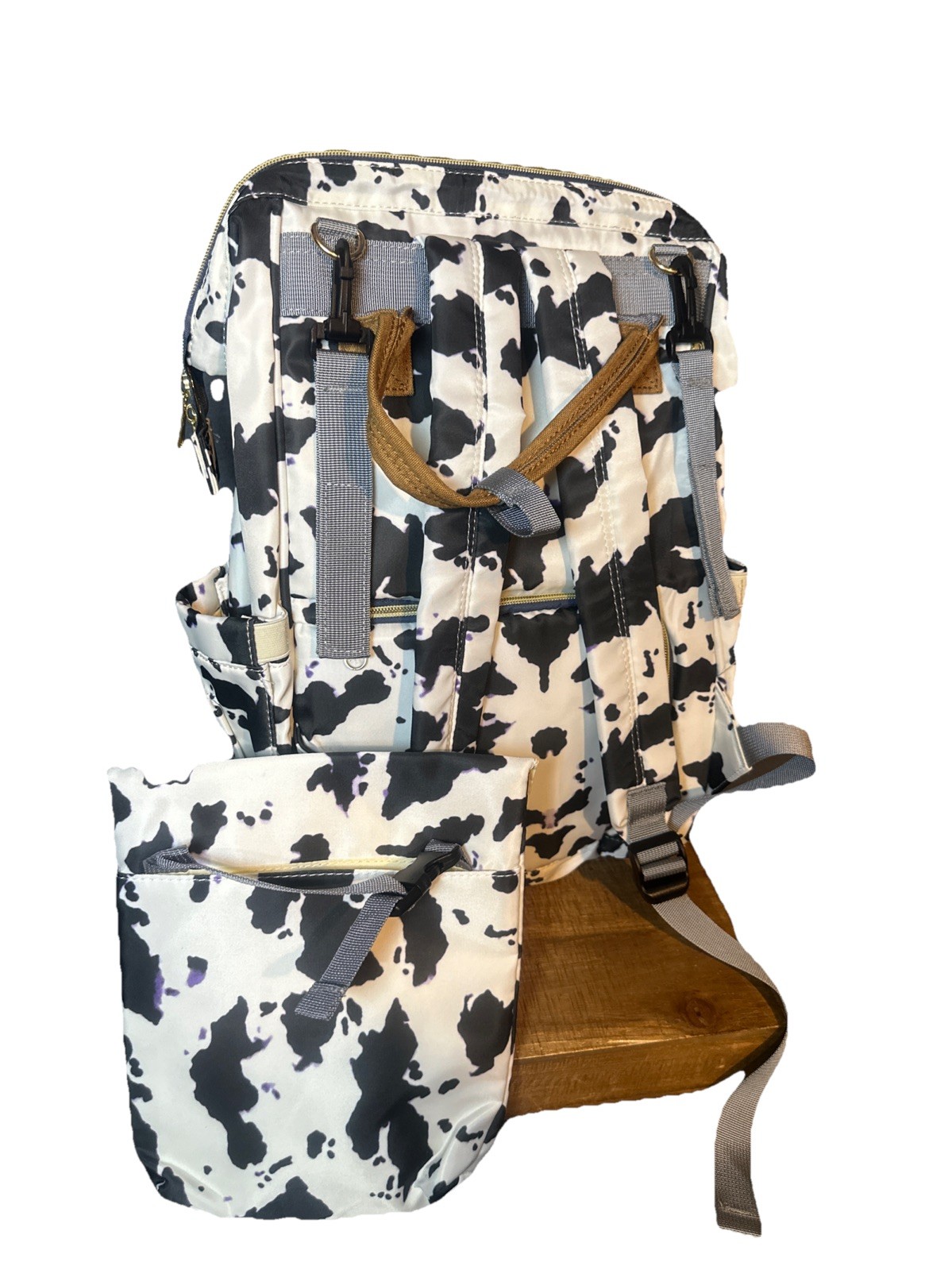 Cow Print Black Backpack Weekender Travel School Diaper Bag Water Resistant