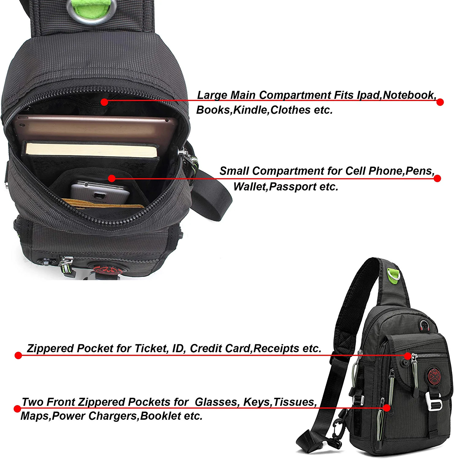 Sling Bag Chest Shoulder Backpack Crossbody Bags for Ipad Tablet Outdoor Hiking