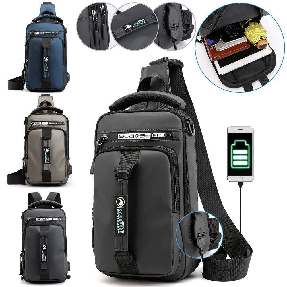 Anti-Theft Men’s Sling Crossbody Bag Chest Shoulder Messenger Backpack USB Port