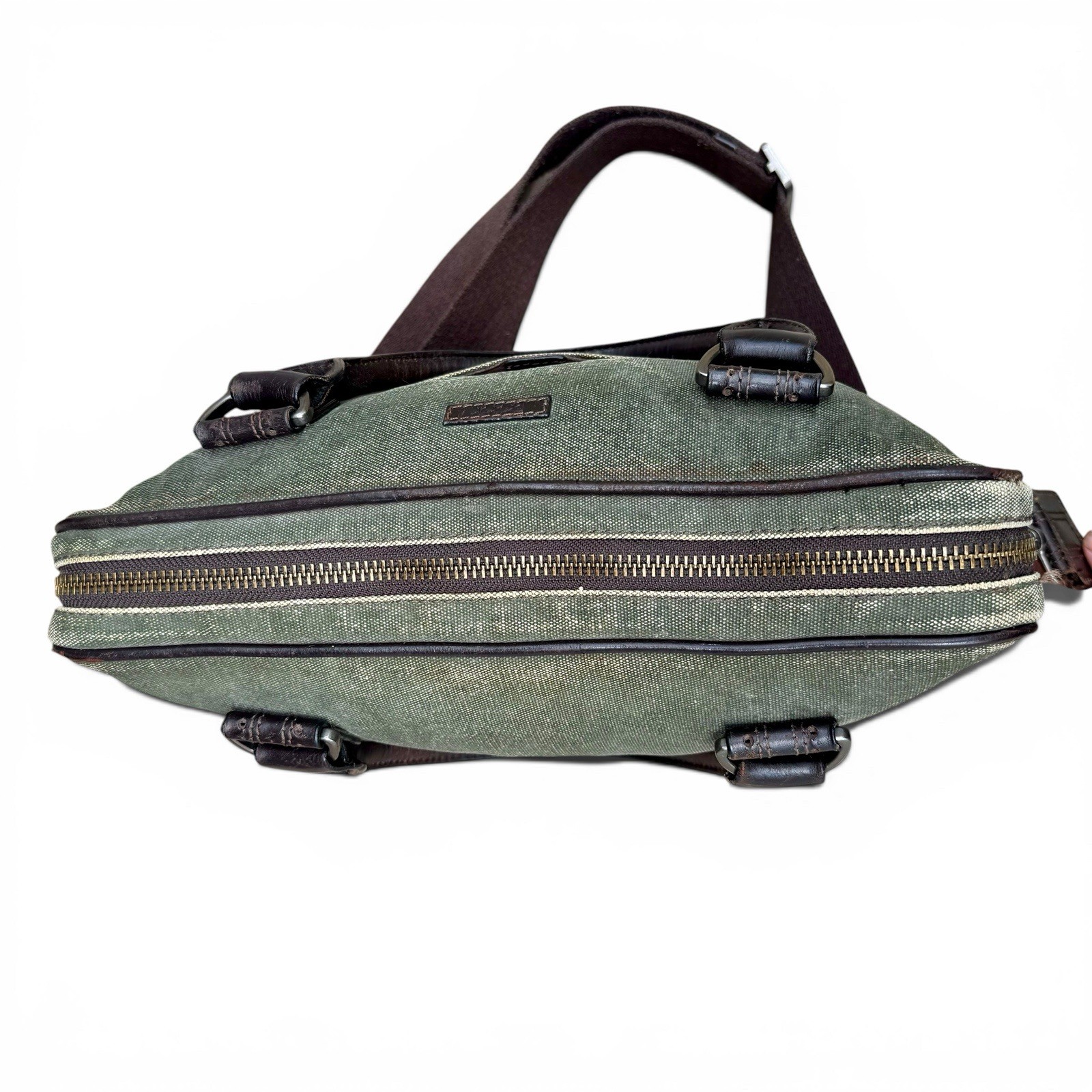 John Varvatos Distressed Olive Canvas Leather Messenger Laptop Bag Brown