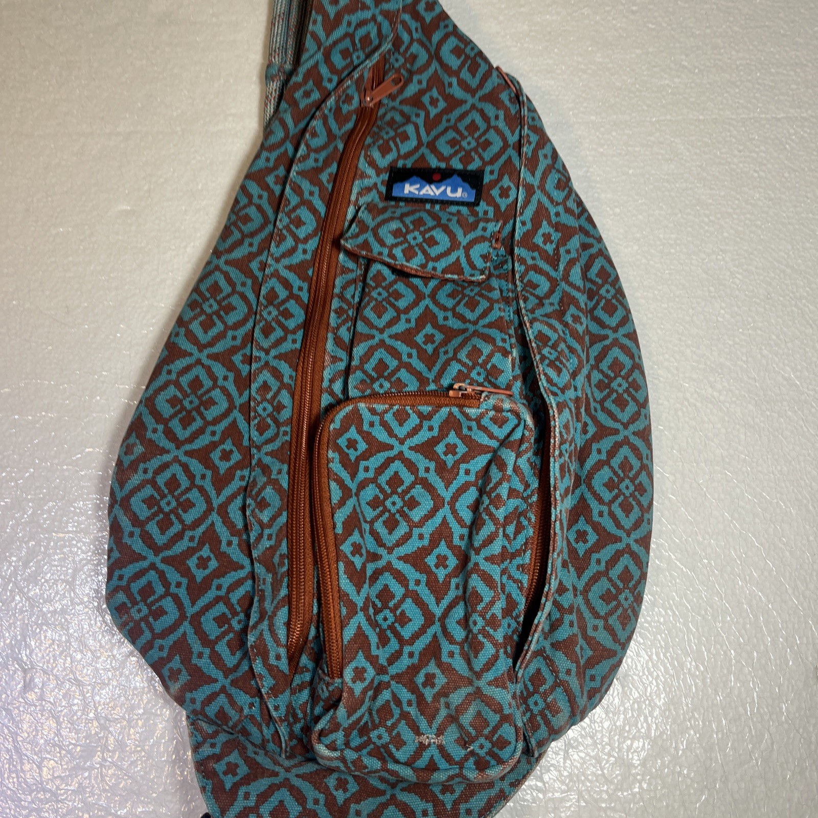 KAVU Rope Sling Bag Crossbody Desert Mosaic Backpack Teal Blue Brown Retired