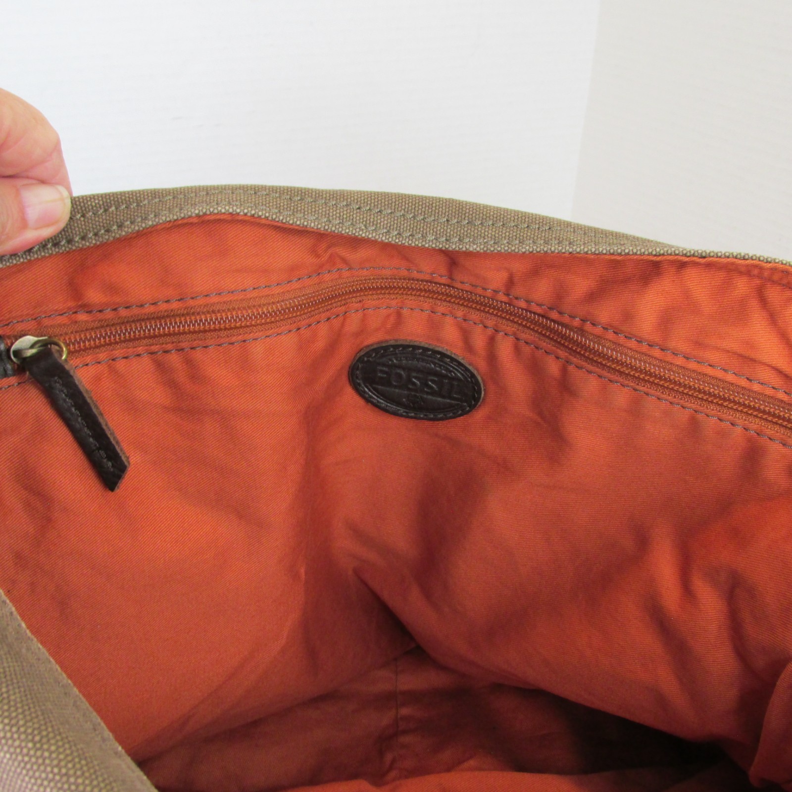 Fossil Estate Messenger Bag Olive Green Canvas Brown Leather Trim Crossbody