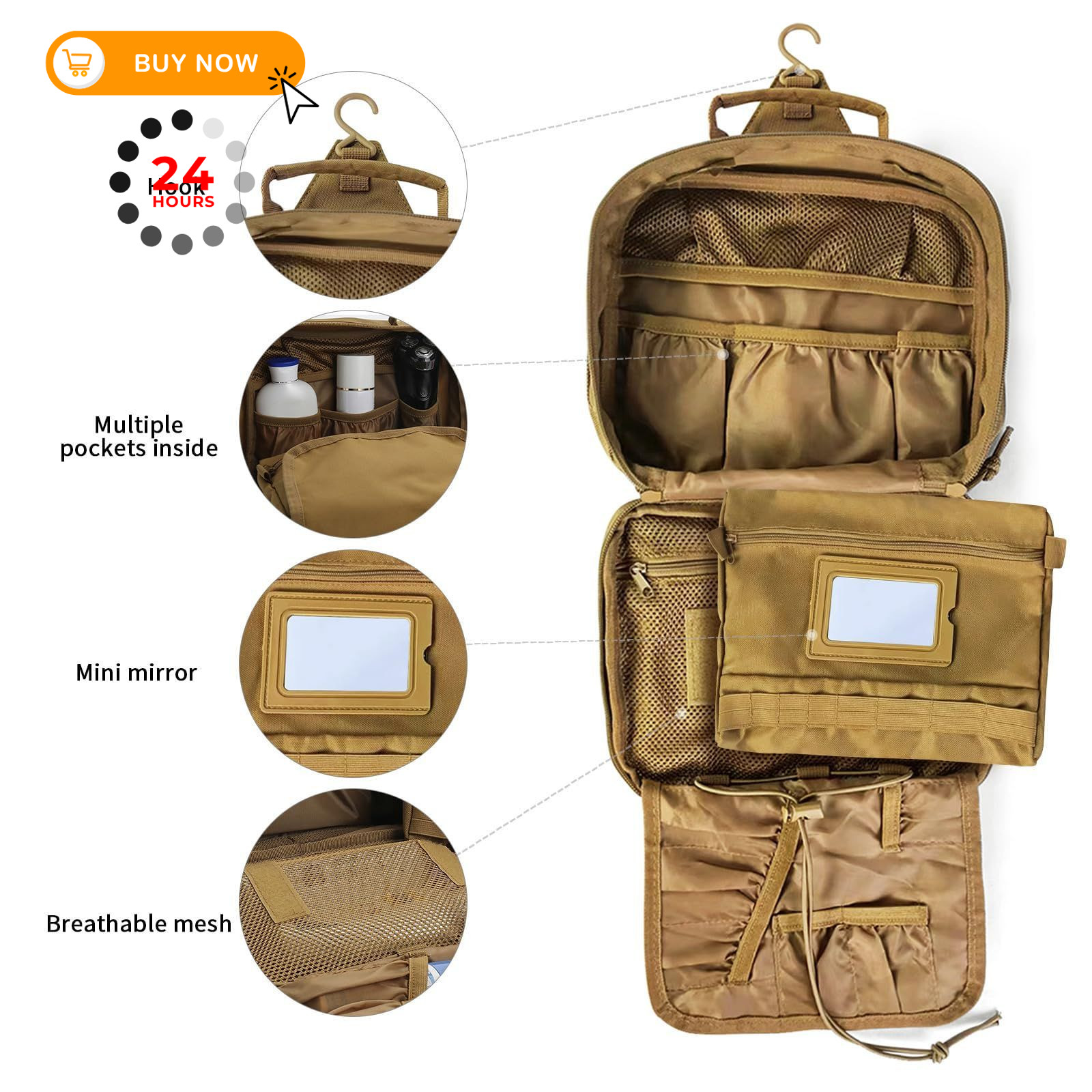 HJOKLS Tactical Hanging Toiletry Bag for Men，Mens 9.5×7.9×2.7 inches, Khaki