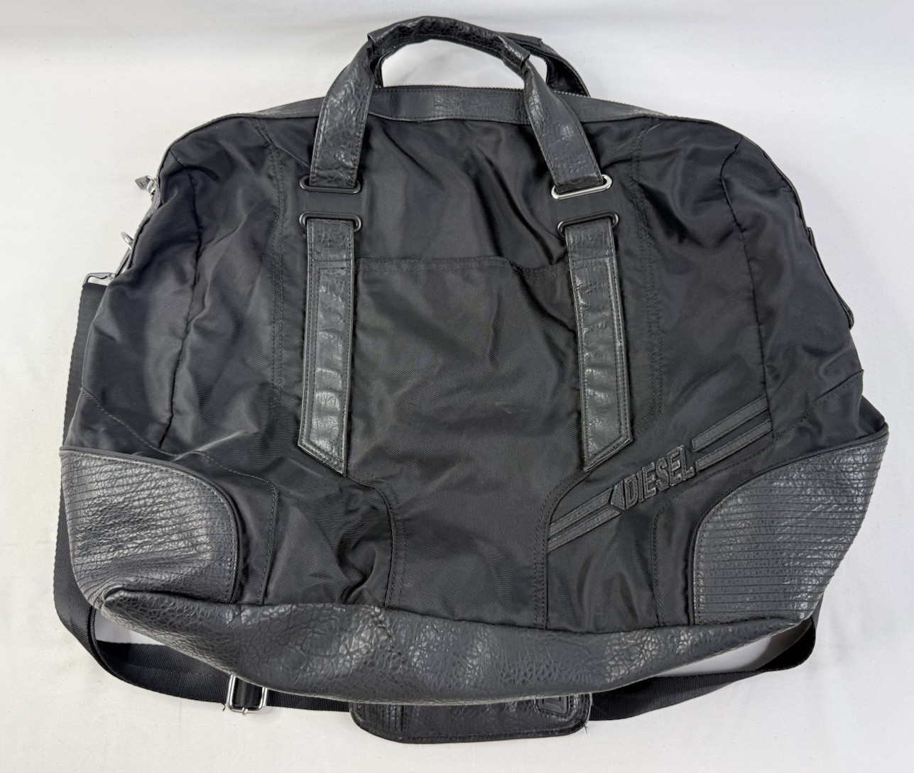 Retro Y2K DIESEL Tote Bag Large Capacity Boston Nylon Leather Black Vintage