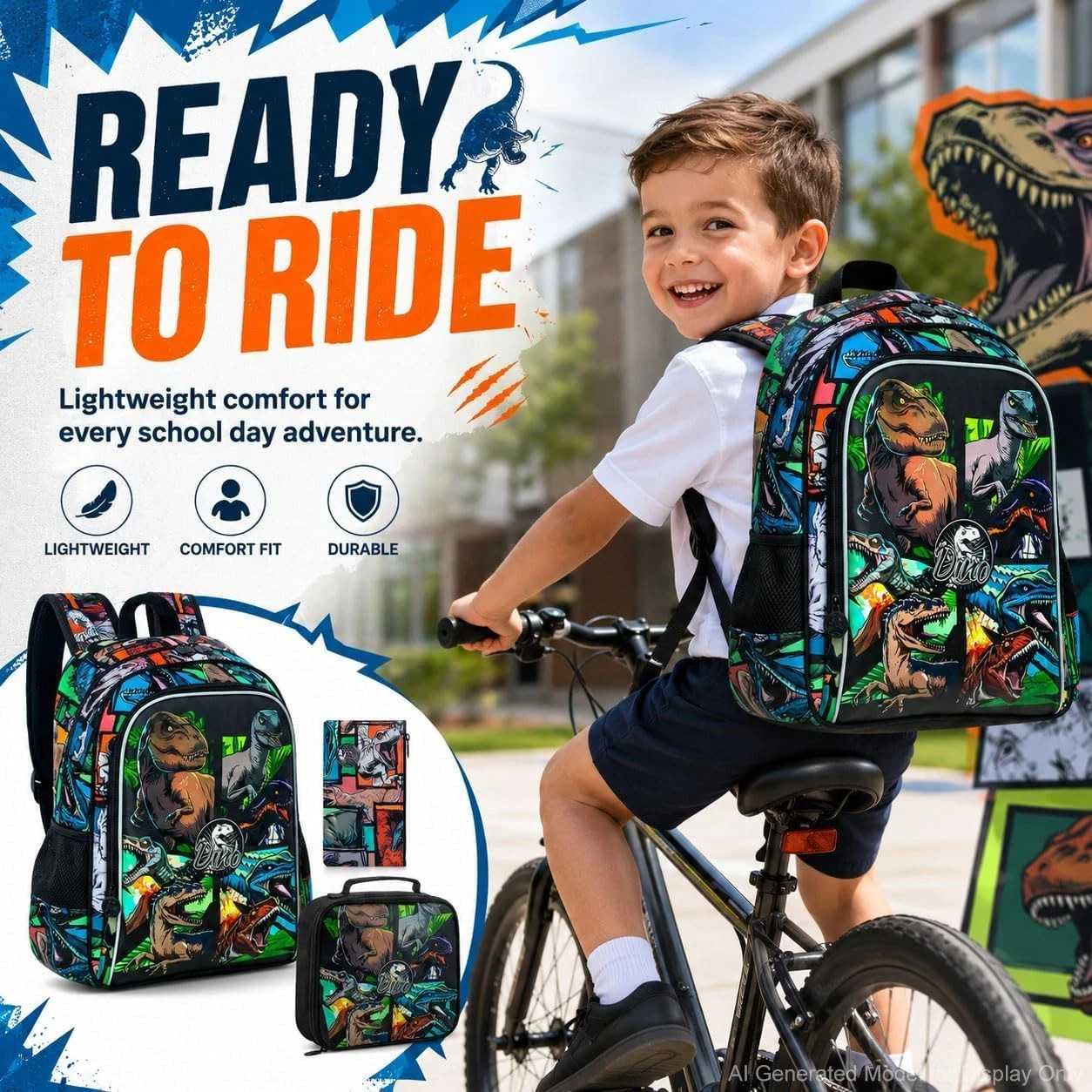 3PCS Dinosaur Backpack for Boys, 16 Inch Kids Water Resistant Preschool Elementa