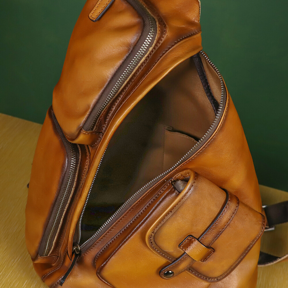 Genuine Leather Men Large Sling Bag Crossbody Bag Real Leather Backpack Purses