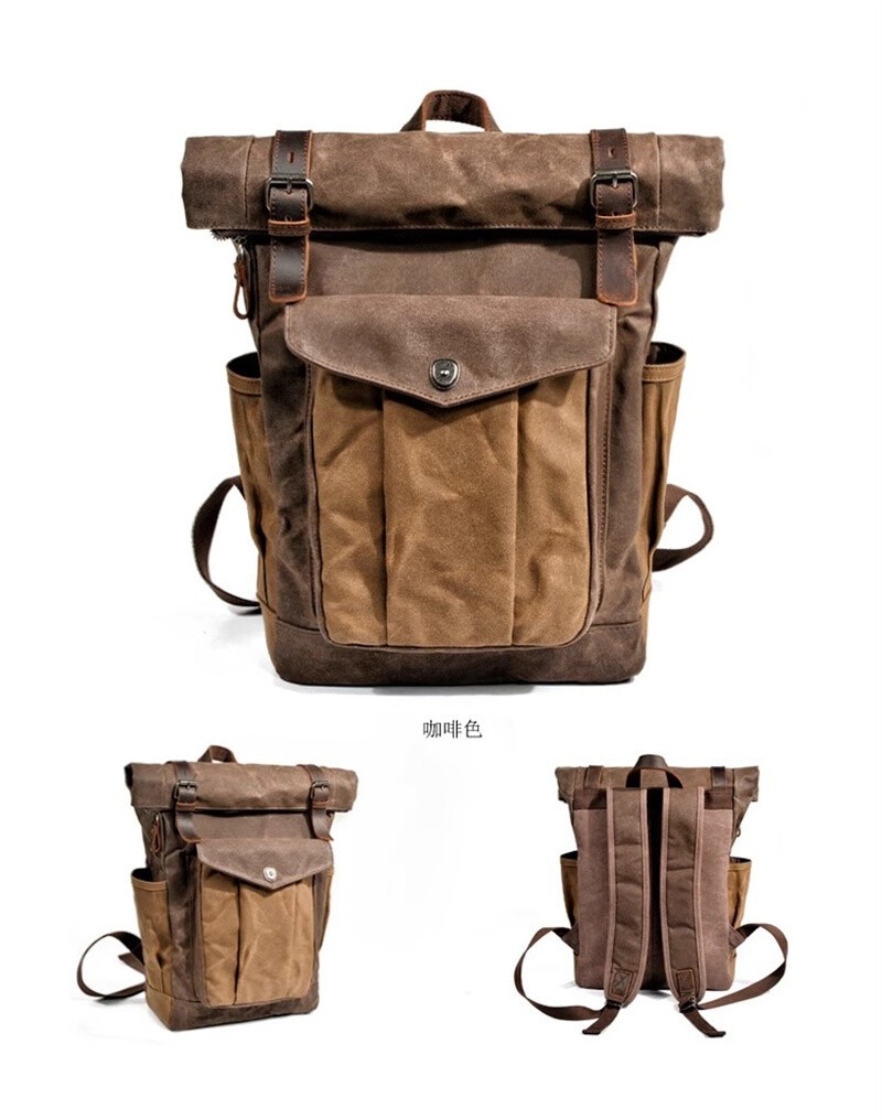 Men Retro Oil Wax Canvas Backpack Shoulder Bag Leisure Travel Knapsack
