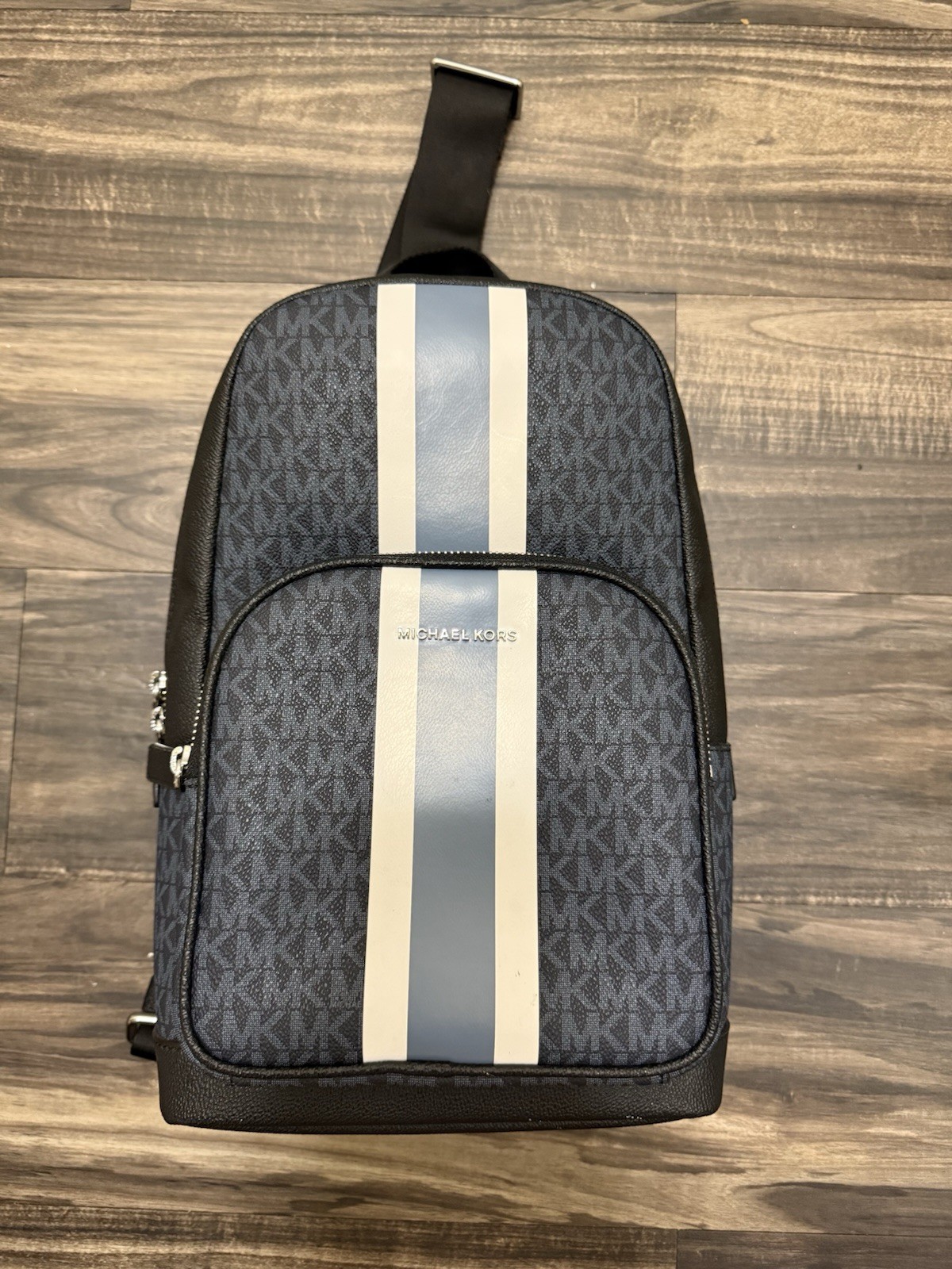 Michael Kors Cooper Sling Pack Navy Leather Racing Stripe Utility Crossbody Bag