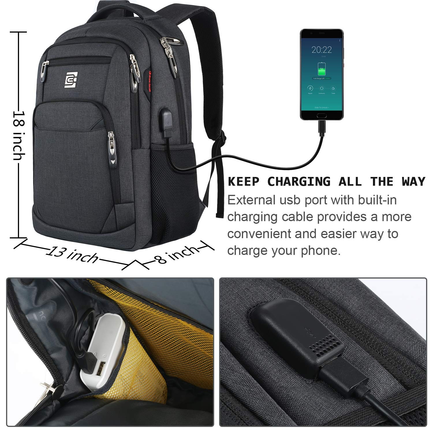 Anti-Theft Laptop Backpack with USB Port, Water Resistant, Fits 15.6″ – Black
