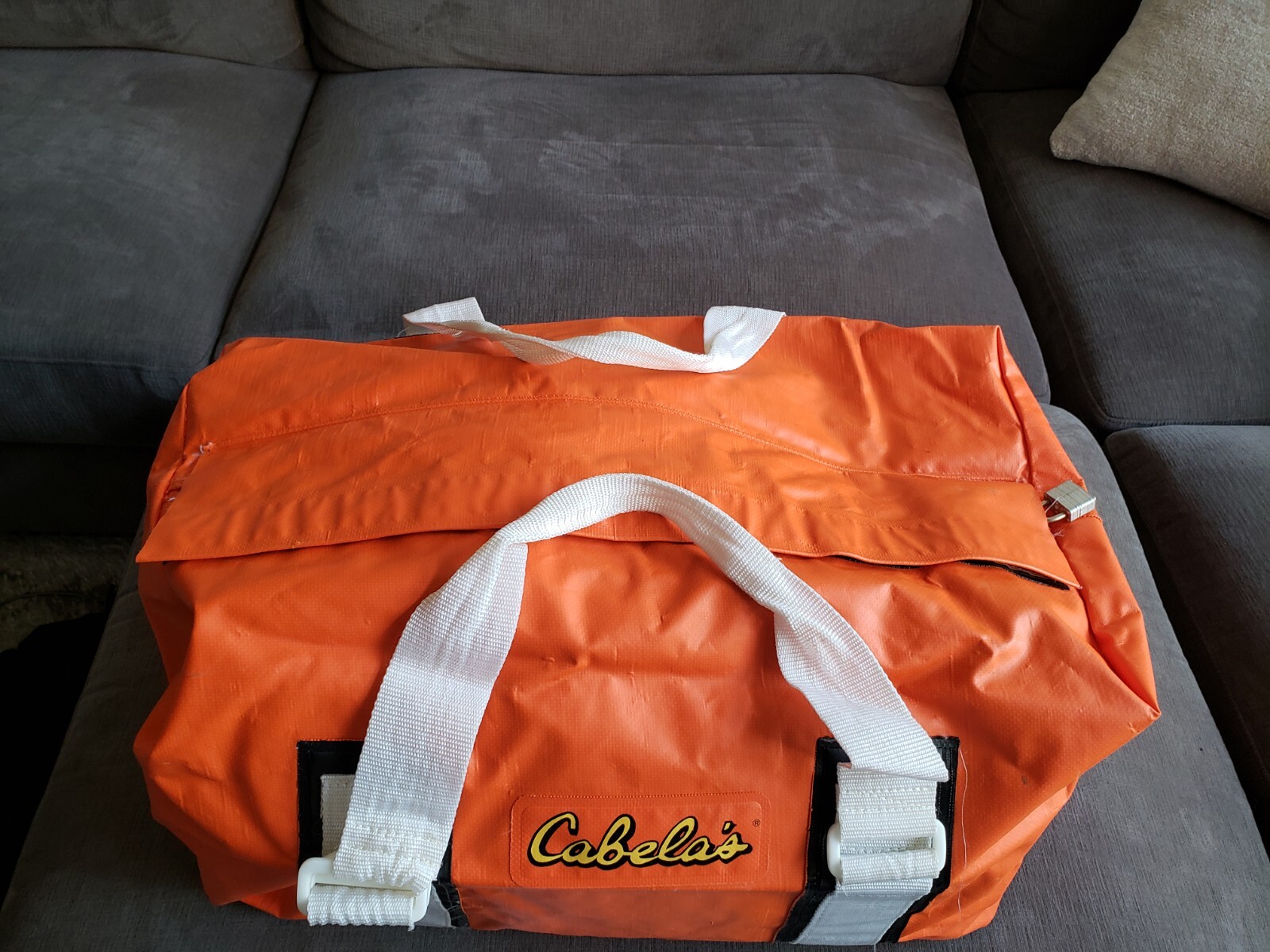 Vintage RARE! Cabela’s Large Orange Waterproof Duffle Bag Hunting Fishing GREAT!