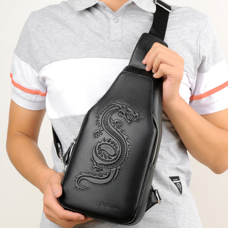 Men’s Sling Backpack Genuine Leather Crossbody Bag Shoulder Bag Dragon Embossing