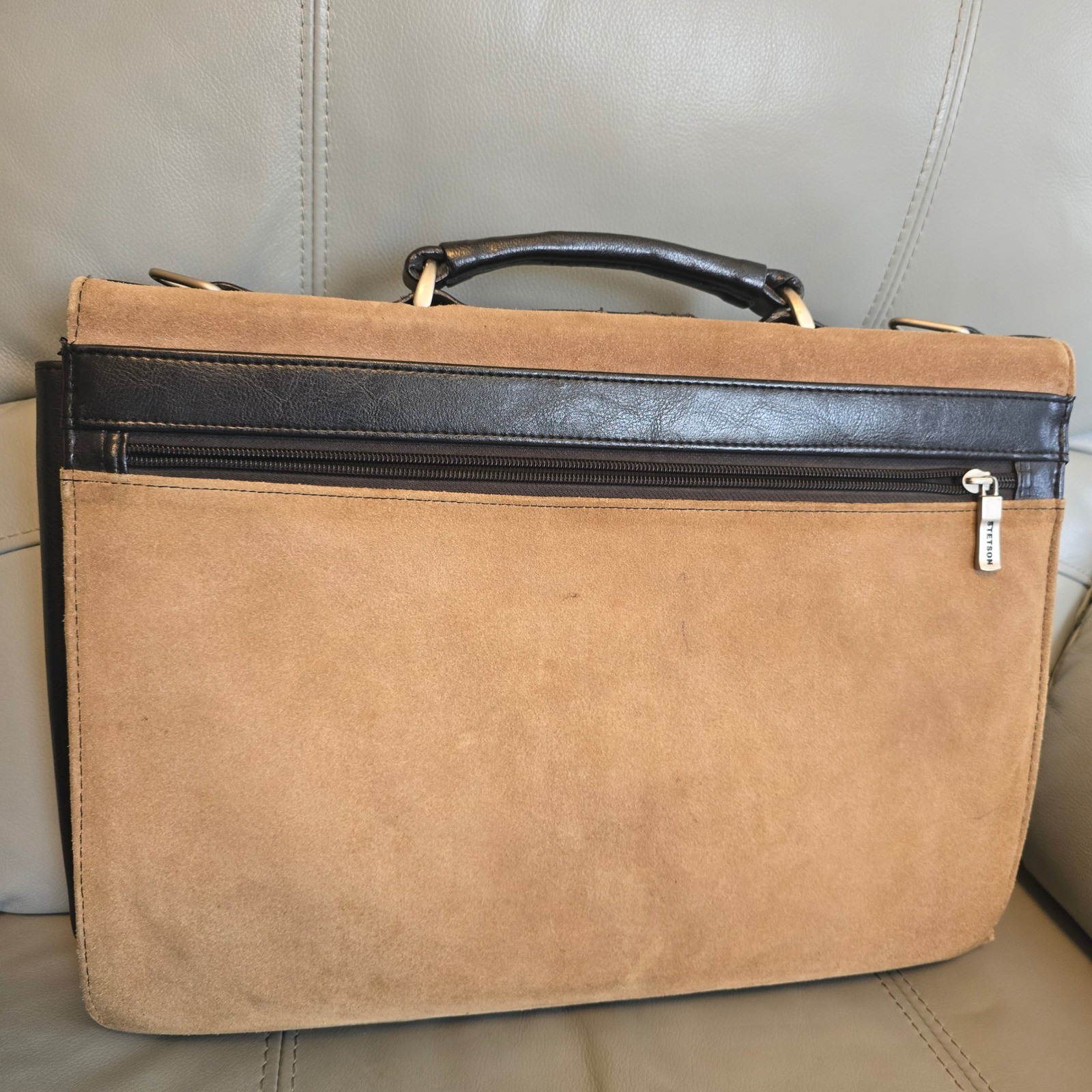Stetson Mens Suede Leather Briefcase Tan Brown Laptop Messenger Bag Vintage