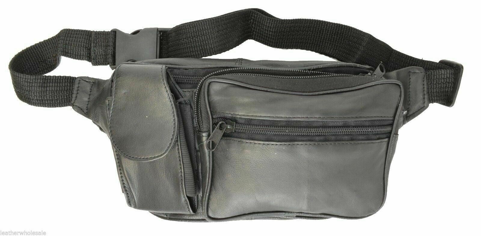 Black Solid Leather Fanny Pack 5 Pocket Travel Waist Belt Bag Cell Phone Holder