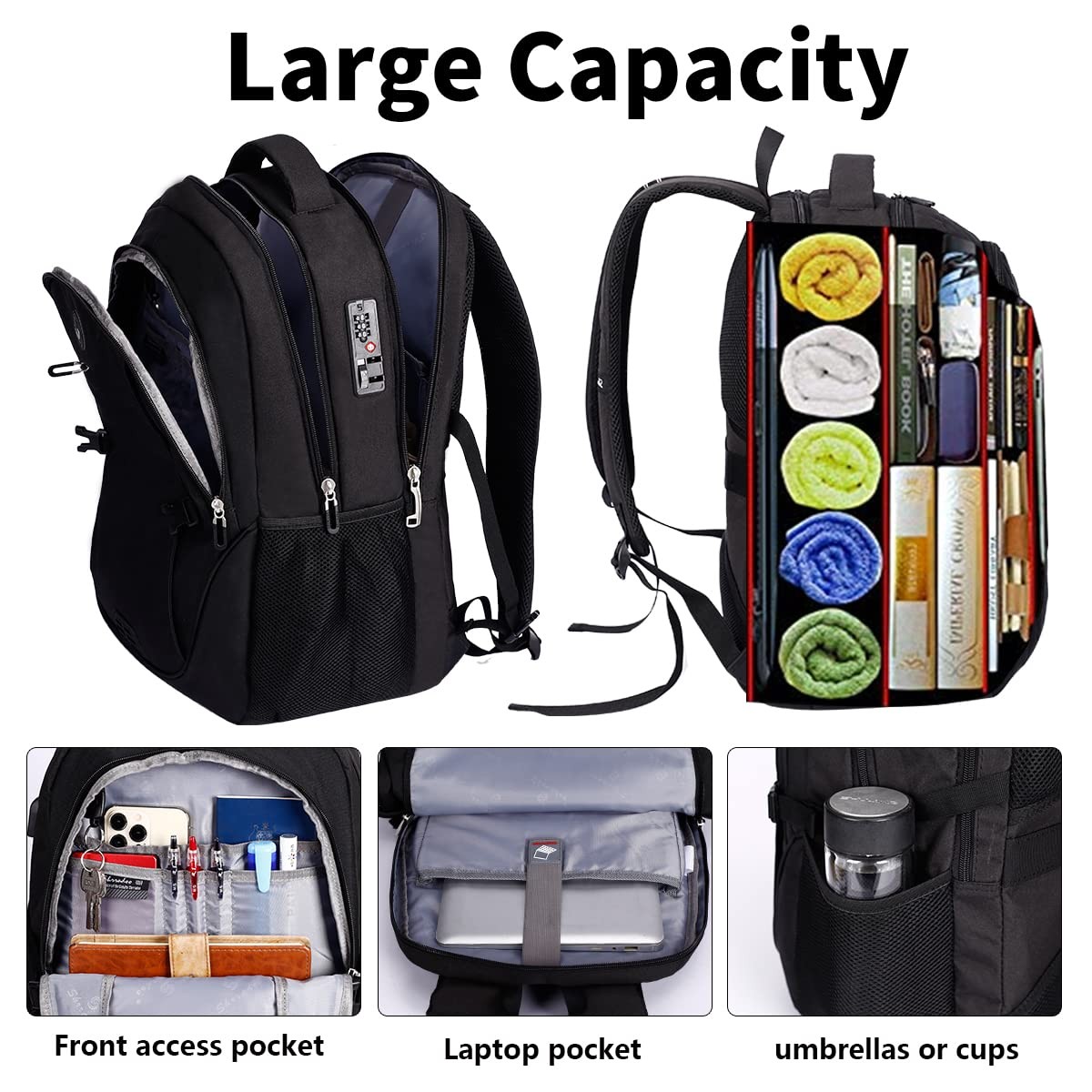 Anti Theft Laptop Backpack Combination Lock Fits 17 Inch Computer Bag Black