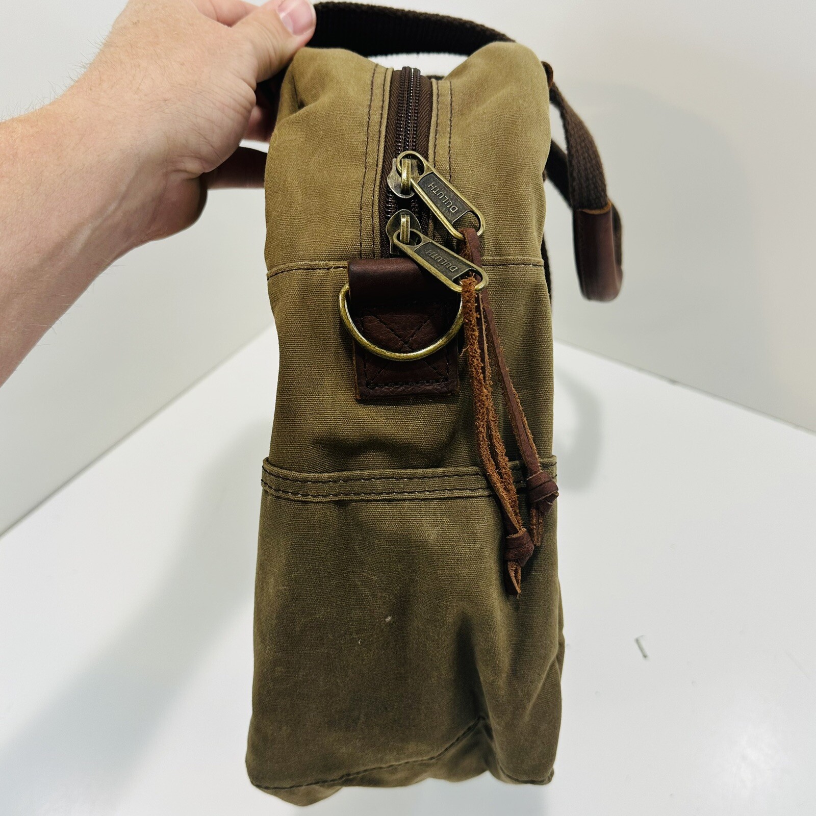 Duluth Trading Co Brown Leather Khaki Oil Cloth Canvas Carry-on Messenger Bag