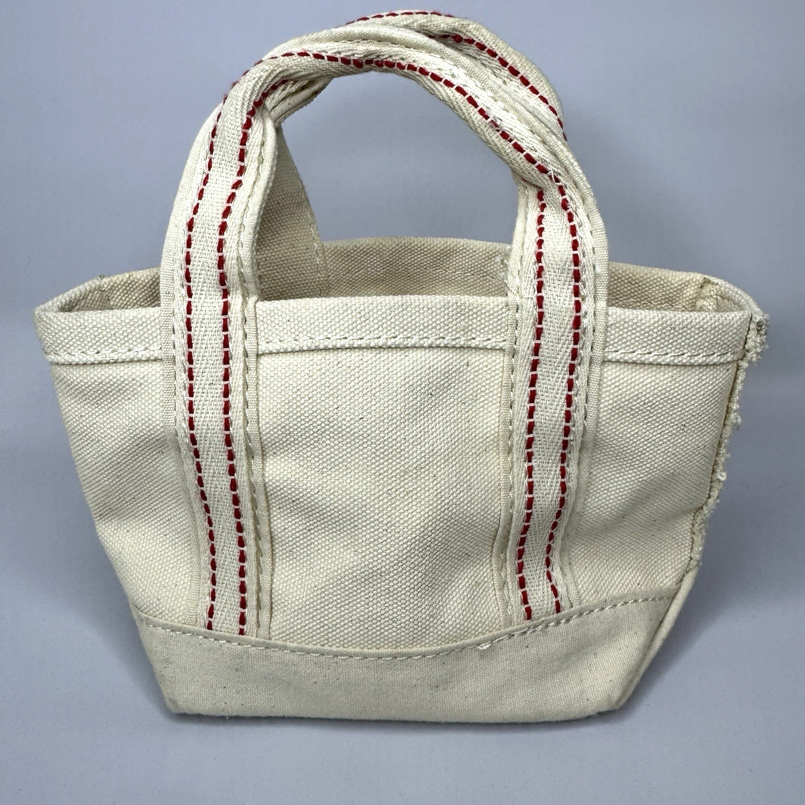 Vintage Micro Mini LL Bean Boat Tote Bag White Red Stitch Double Handle 5-1/2″