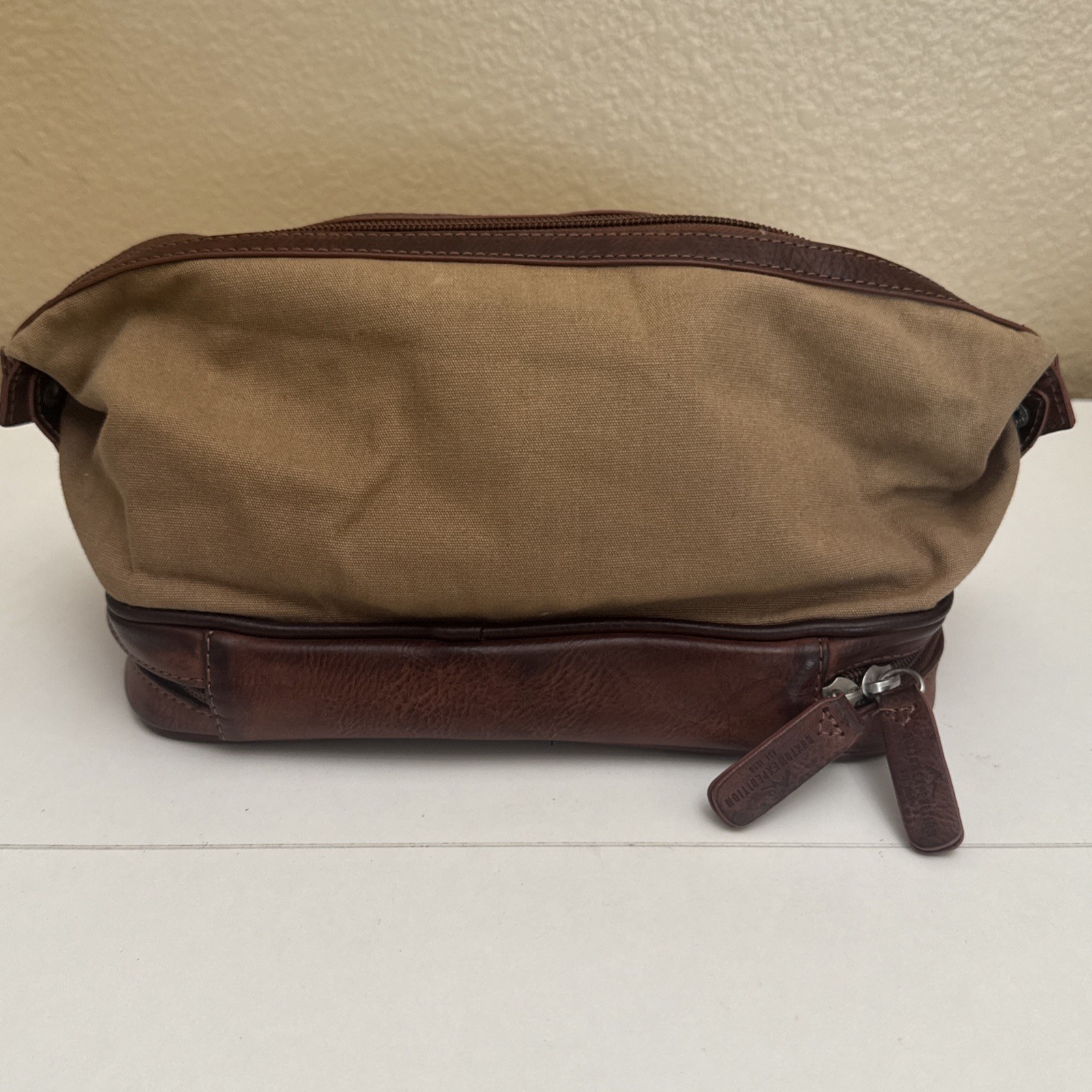 Buxton Brown Expedition Leather Toiletry Shave Bag Zippered 2 Compartment