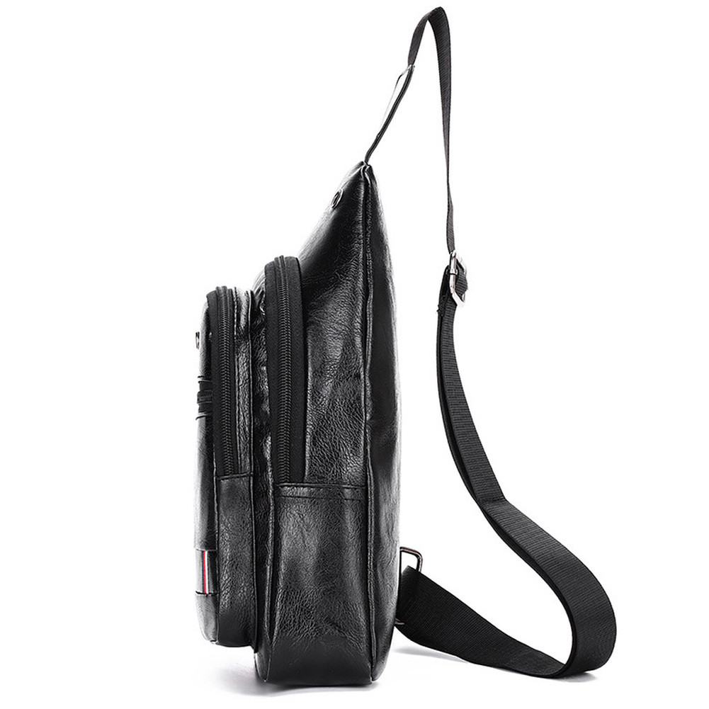 Mens PU Leather Chest Bag Shoulder Pack Earphone Hole Sport Crossbody Handbag US