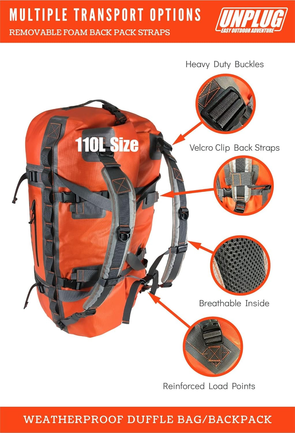 UNPLUG Ultimate Adventure 110L Waterproof Travel Bag for Outdoor Activities