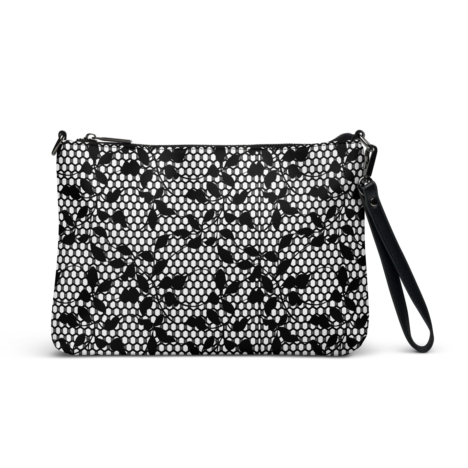 Womens Wristlet Black White Seamless Floral Lace Print Crossbody Shoulder Bag