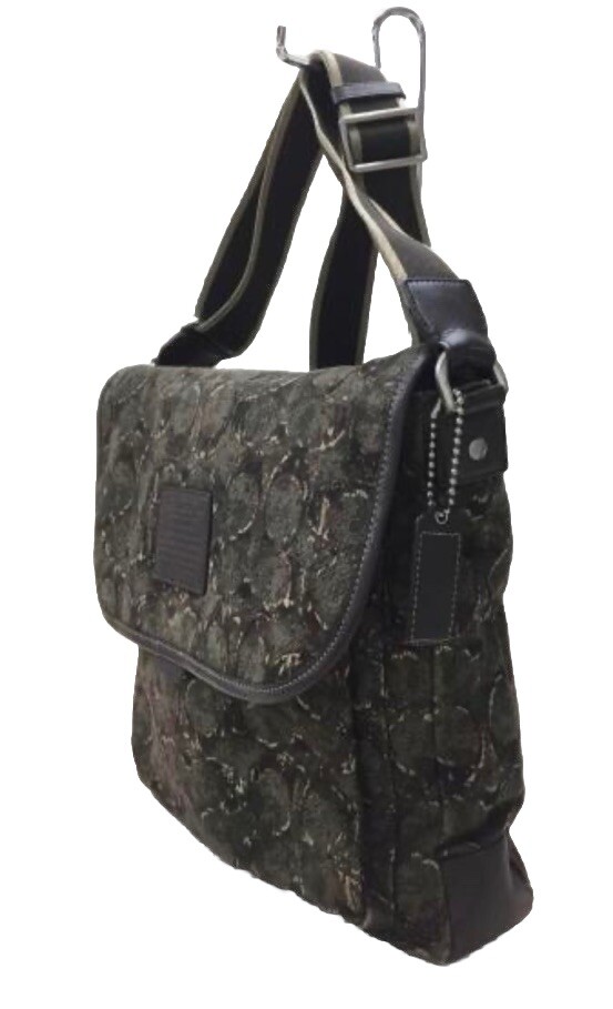 New COACH Heritage Web Green Brown Canvas Logo Leather Messenger Bag #F70627 U2