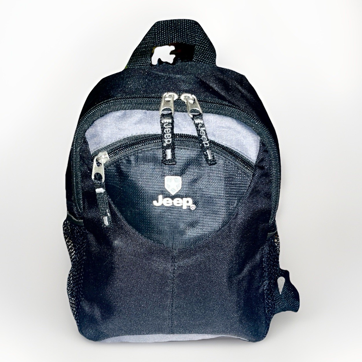 JEEP Mini Backpack Bag Travel Black Logo Zippered 10.5″ x 8″ Black/Gray *GC*