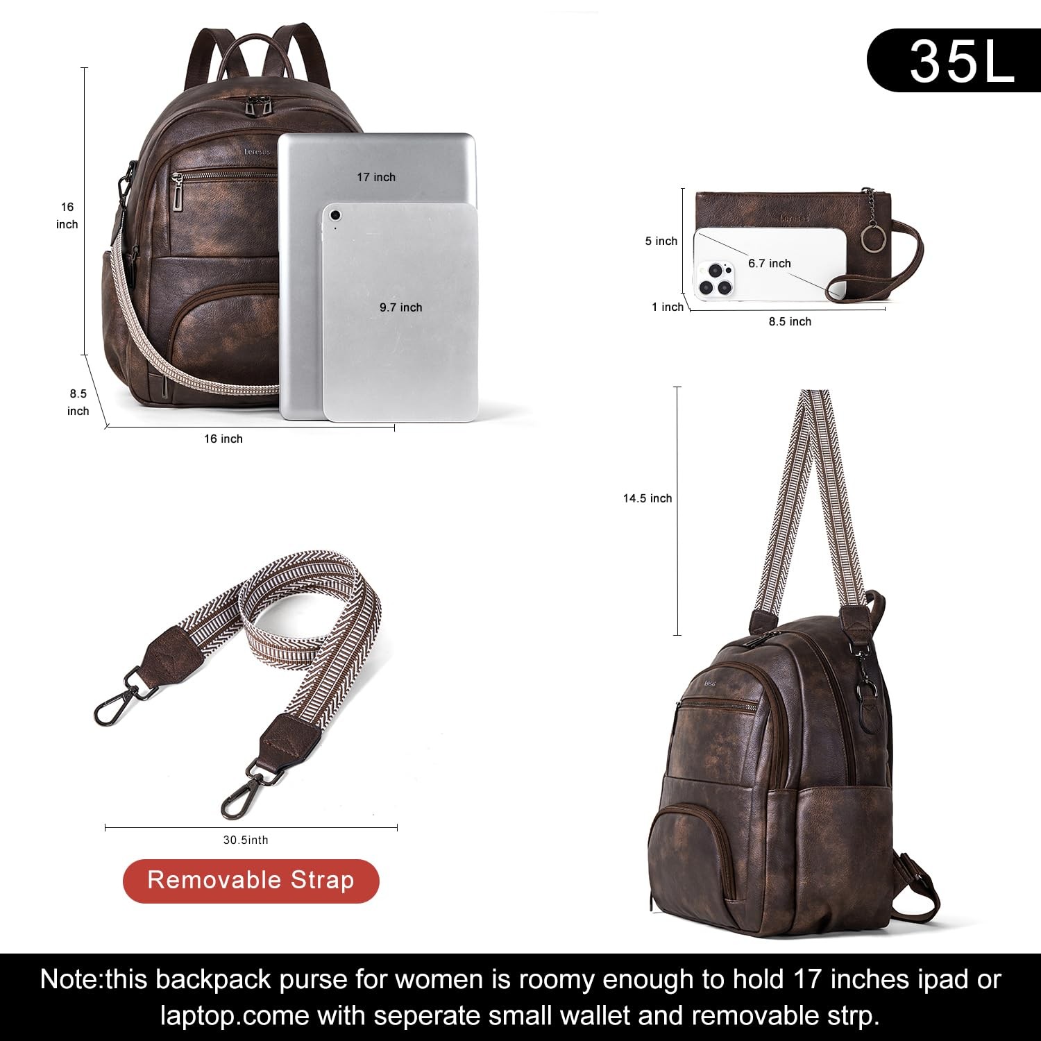 35L Backpack Purse for Women Men Vegan Leather Backpack College Computer Work…