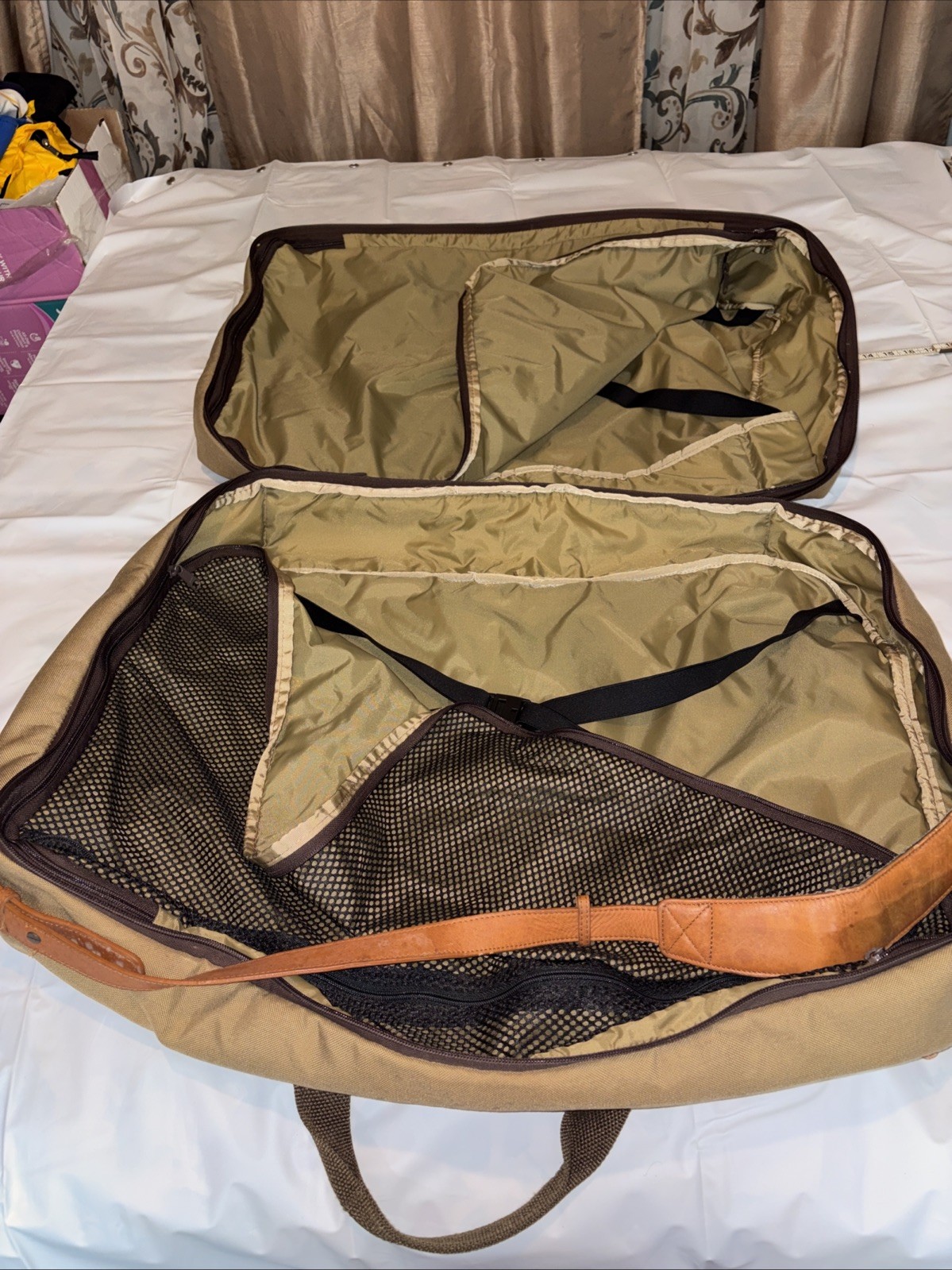 Vintage LL Bean Field Nylon Canvas Duffel Khaki 3 Compartments Bag Shoulder USED