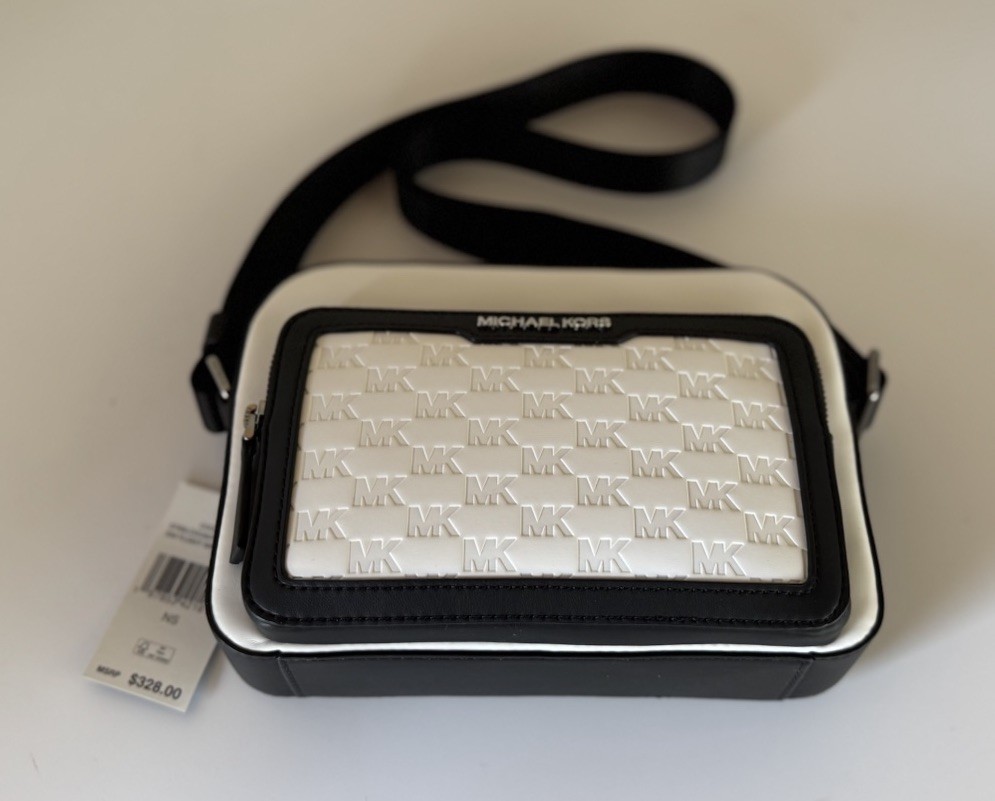 MICHAEL KORS COOPER EAST WEST CROSSBODY FLIGHT BAG MK EMBOSSED BRIGHT WHITE