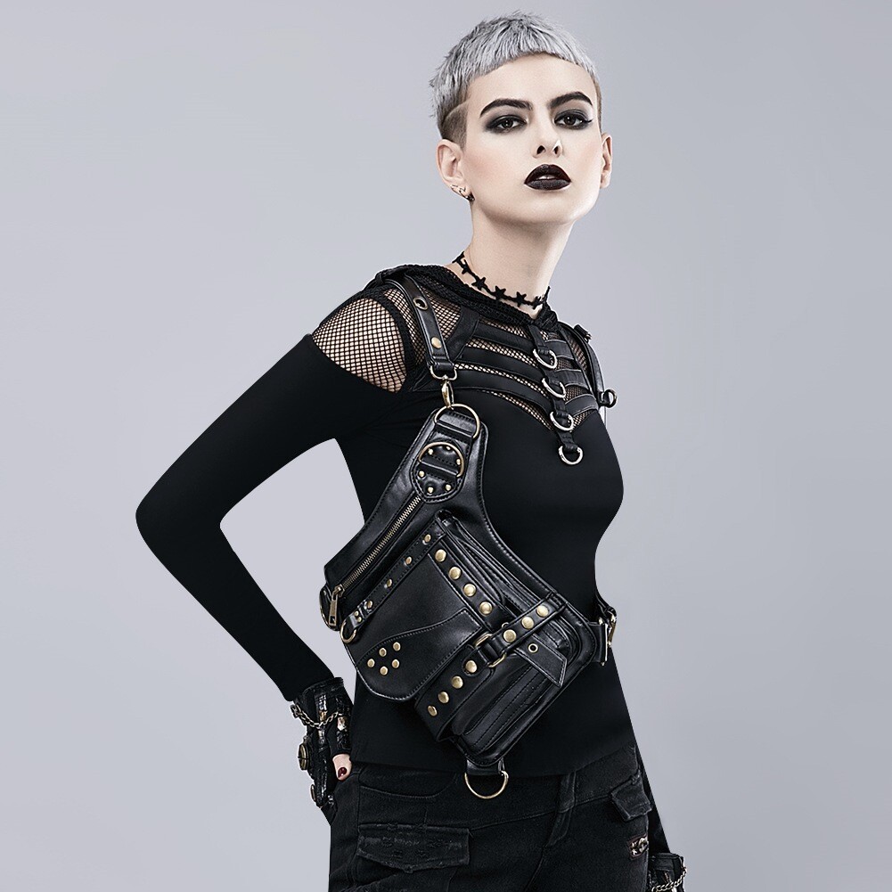 Men Women Gothic Motorcycle Steampunk Leather Crossbody waist Chest Bag Backpack