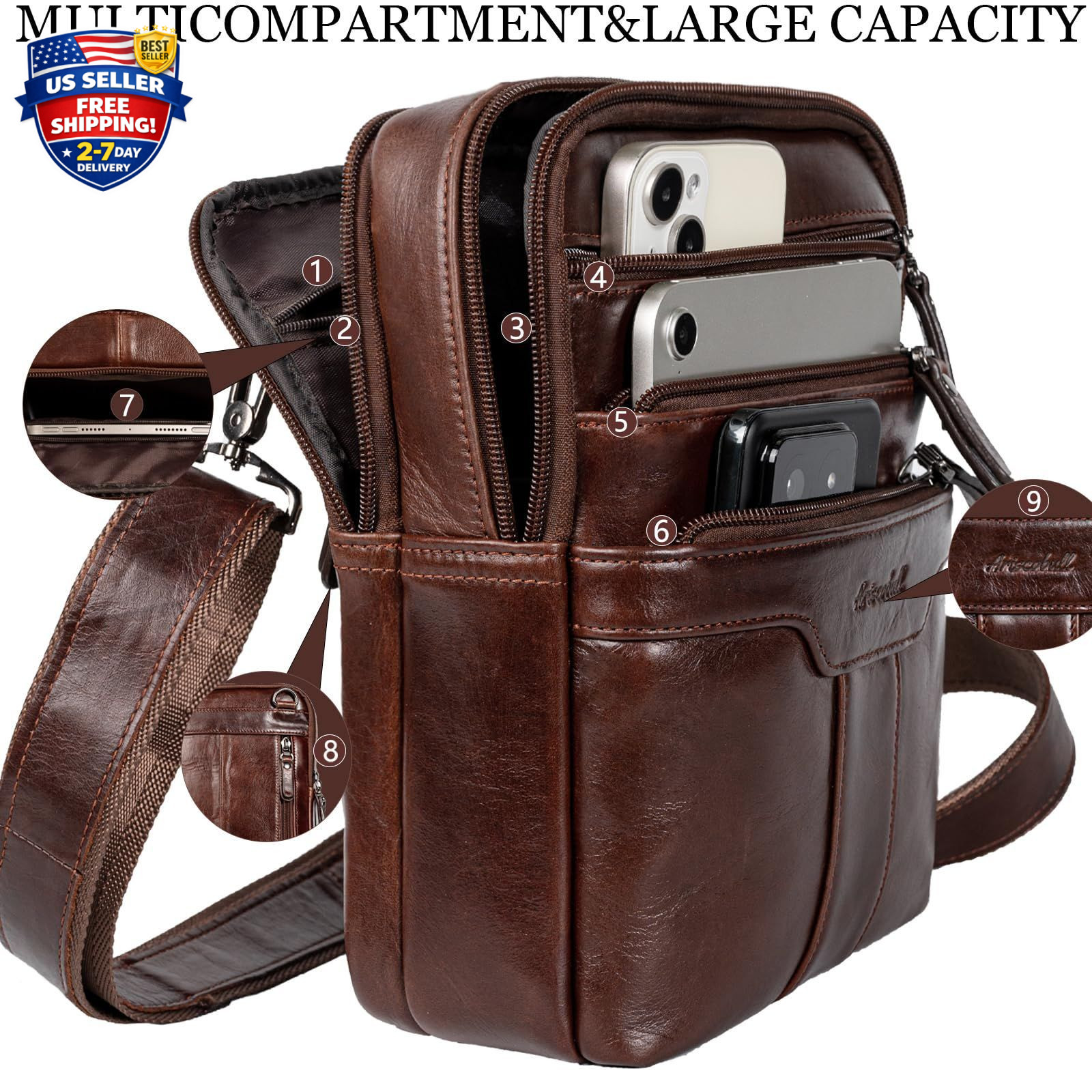 Leather Messenger Bag for Men, Small Leather Sling Shoulder Bag Messenger Pac