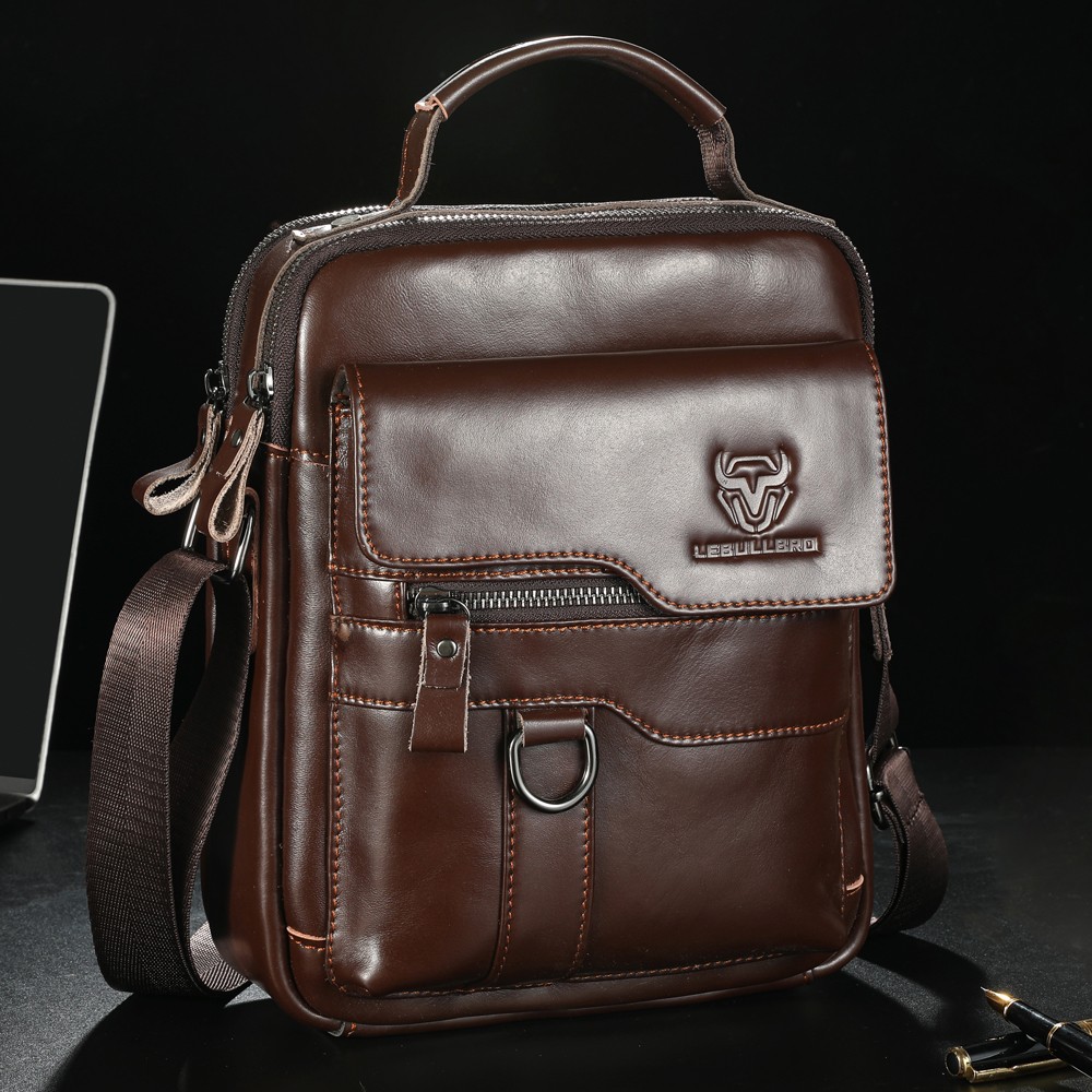 Genuine Leather Men’s Crossbody Bag Multi Pocket Shoulder Messenger Bag for Work